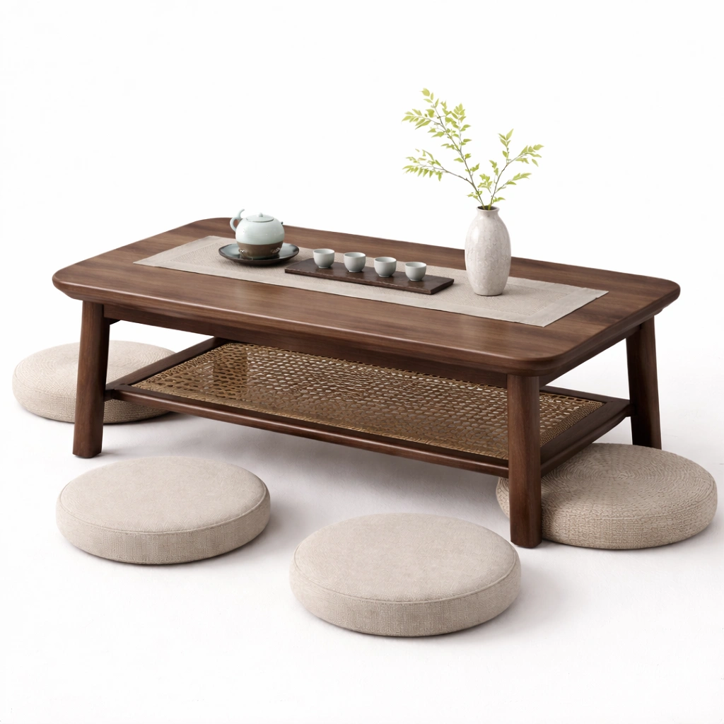 Tavolino da caffe rettangolare con ripiano intrecciato in rattan-nerlano