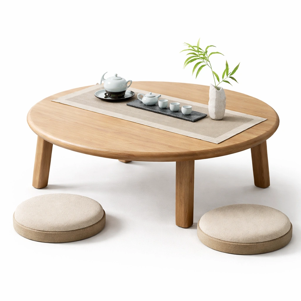 Tavolino da caffe rotondo basso stile minimal in legno chiaro-nerlano