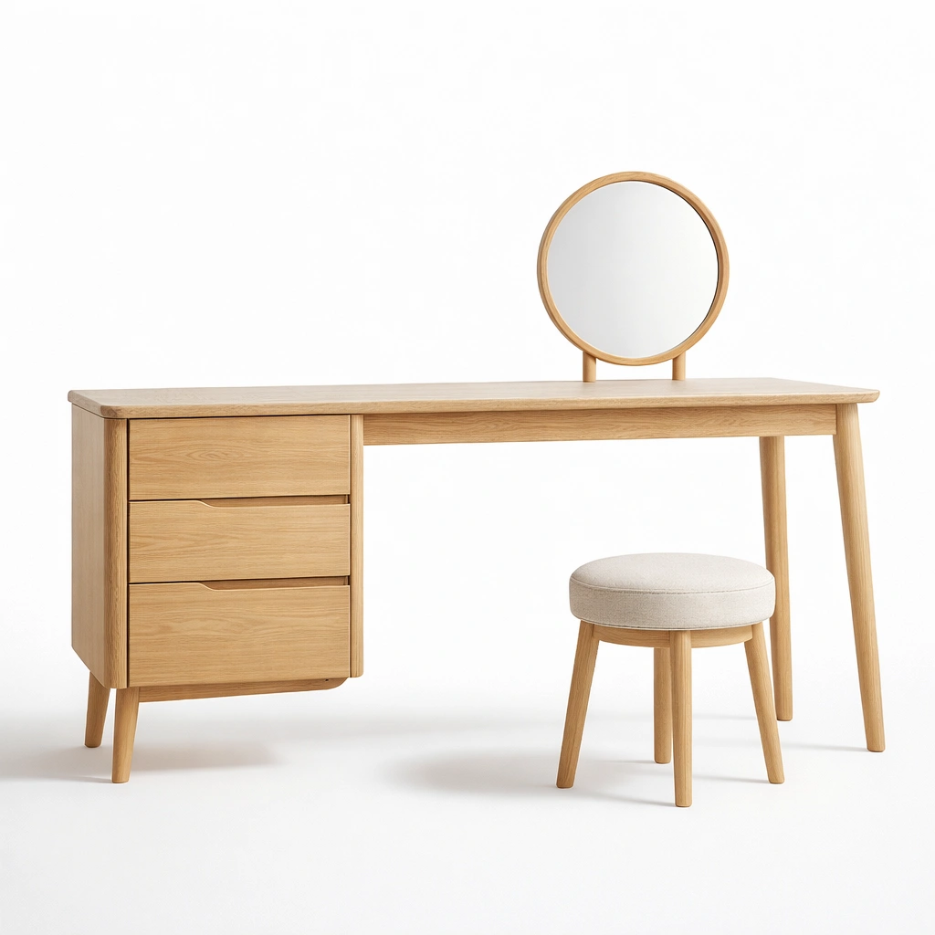 Toeletta minimalista in legno chiaro con specchio rotondo e sgabello-nerlano