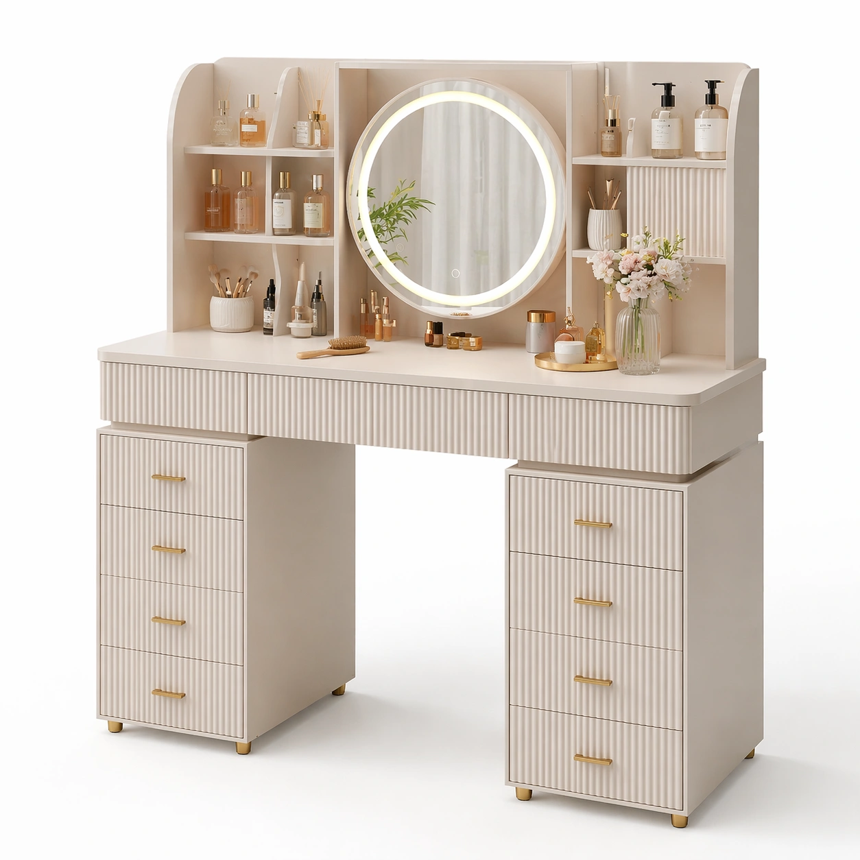 Toeletta con specchio LED e scaffali laterali per cosmetici-nerlano