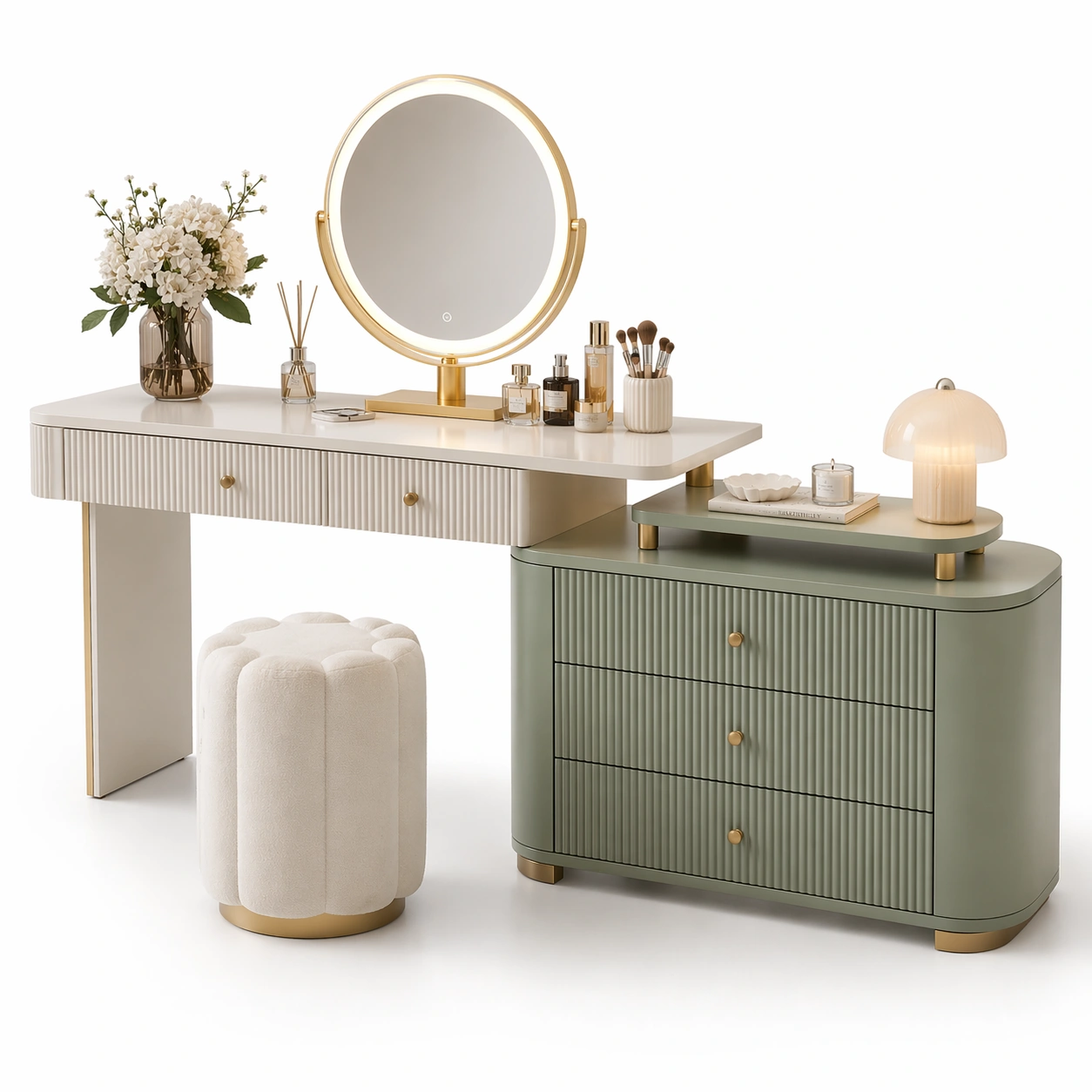 Toeletta elegante con piano doppio e cassettiera verde moderna-nerlano