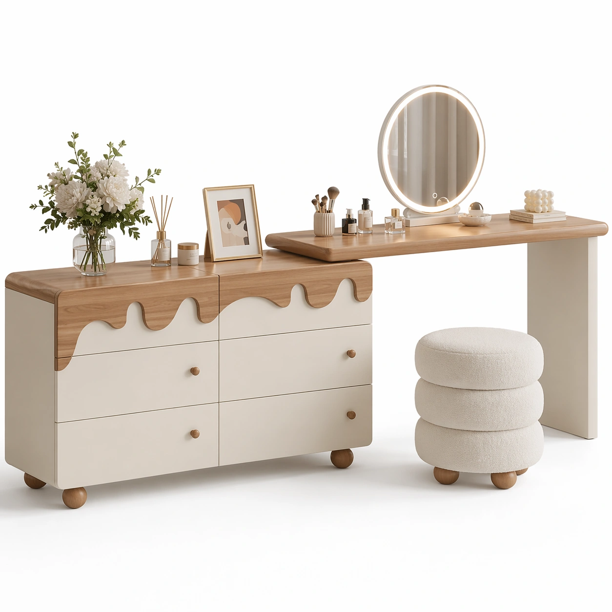 Toeletta compatta con cassettiera laterale e sgabello imbottito-nerlano