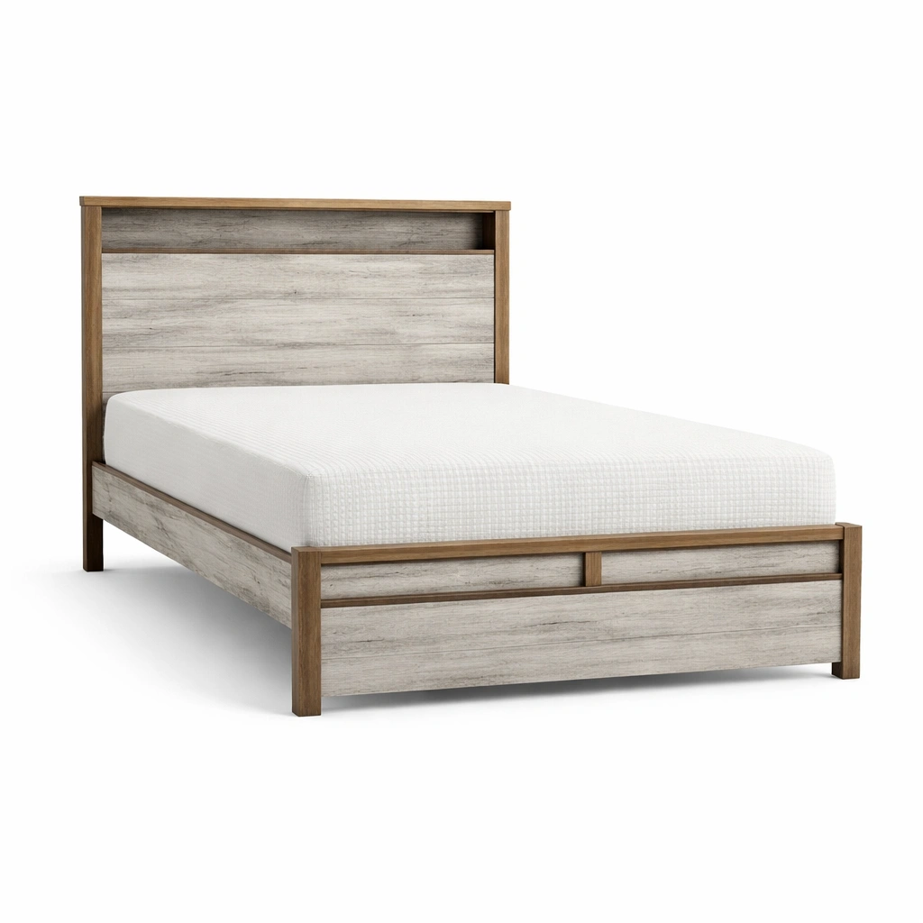 Estructura de cama de matrimonio de madera gris envejecido y nogal-livtino