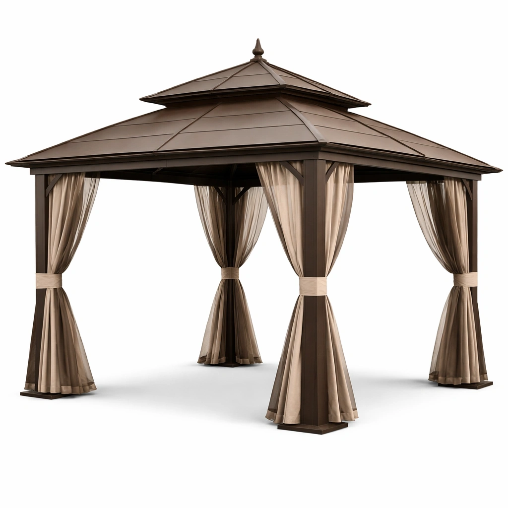 Gazebo de jardín de acero marrón con cortinas de poliéster beige-livtino