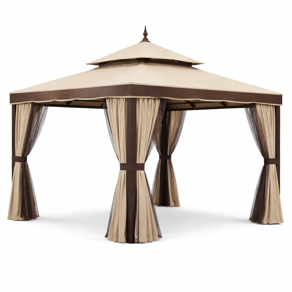 Gazebo de jardín de aluminio con techo de poliéster y cortinas-livtino