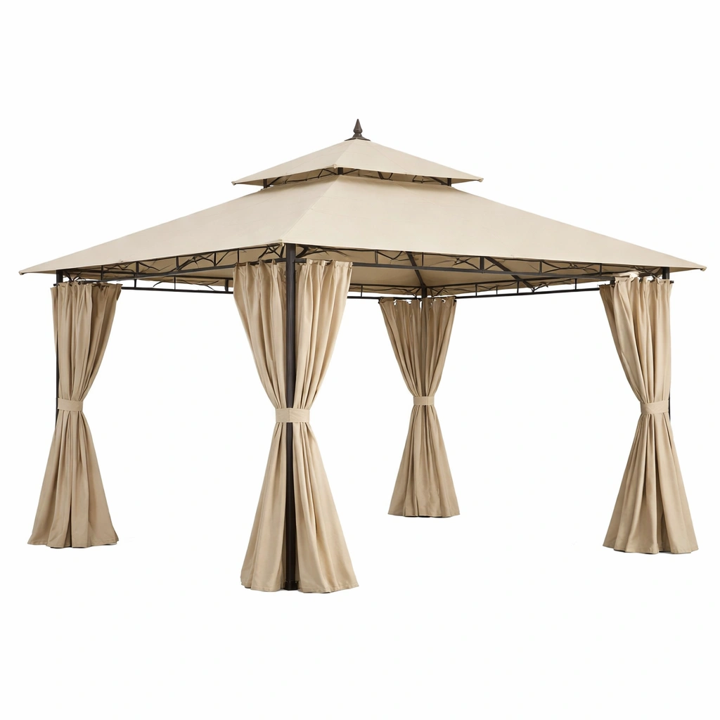 Gazebo de jardín de acero con techo y cortinas de poliéster-livtino