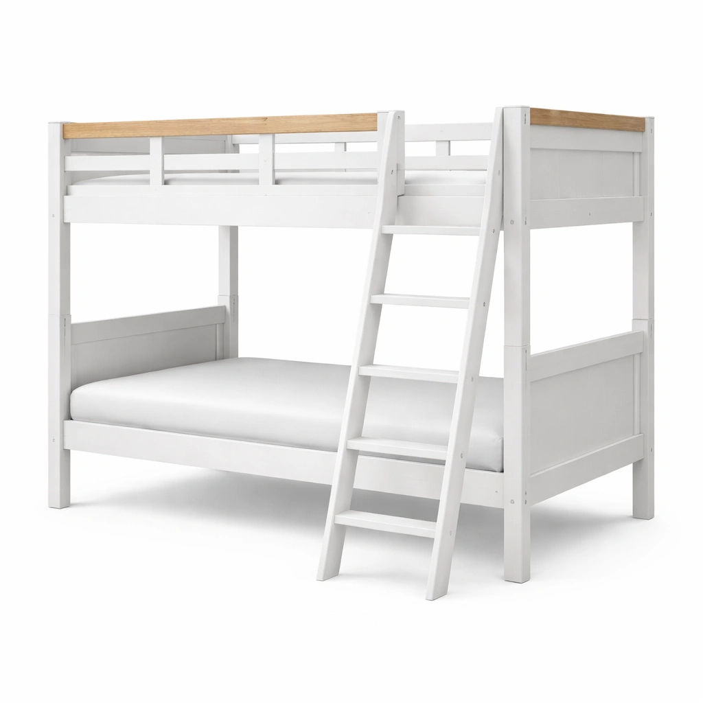 Litera de madera blanco y natural con escalera lateral-livtino