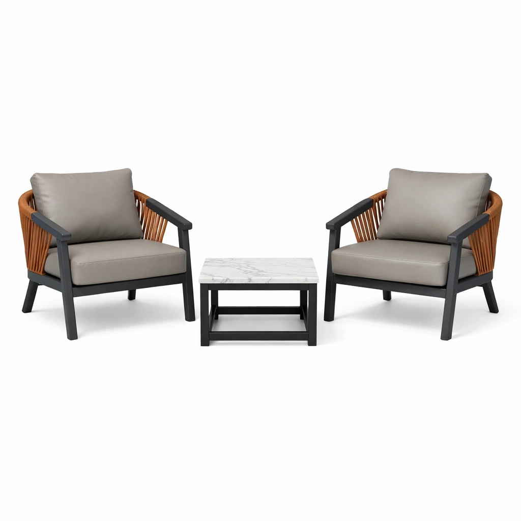 Loungeset Aluminium PVC Polster Marmorplatte Grau Braun-NESTRENO