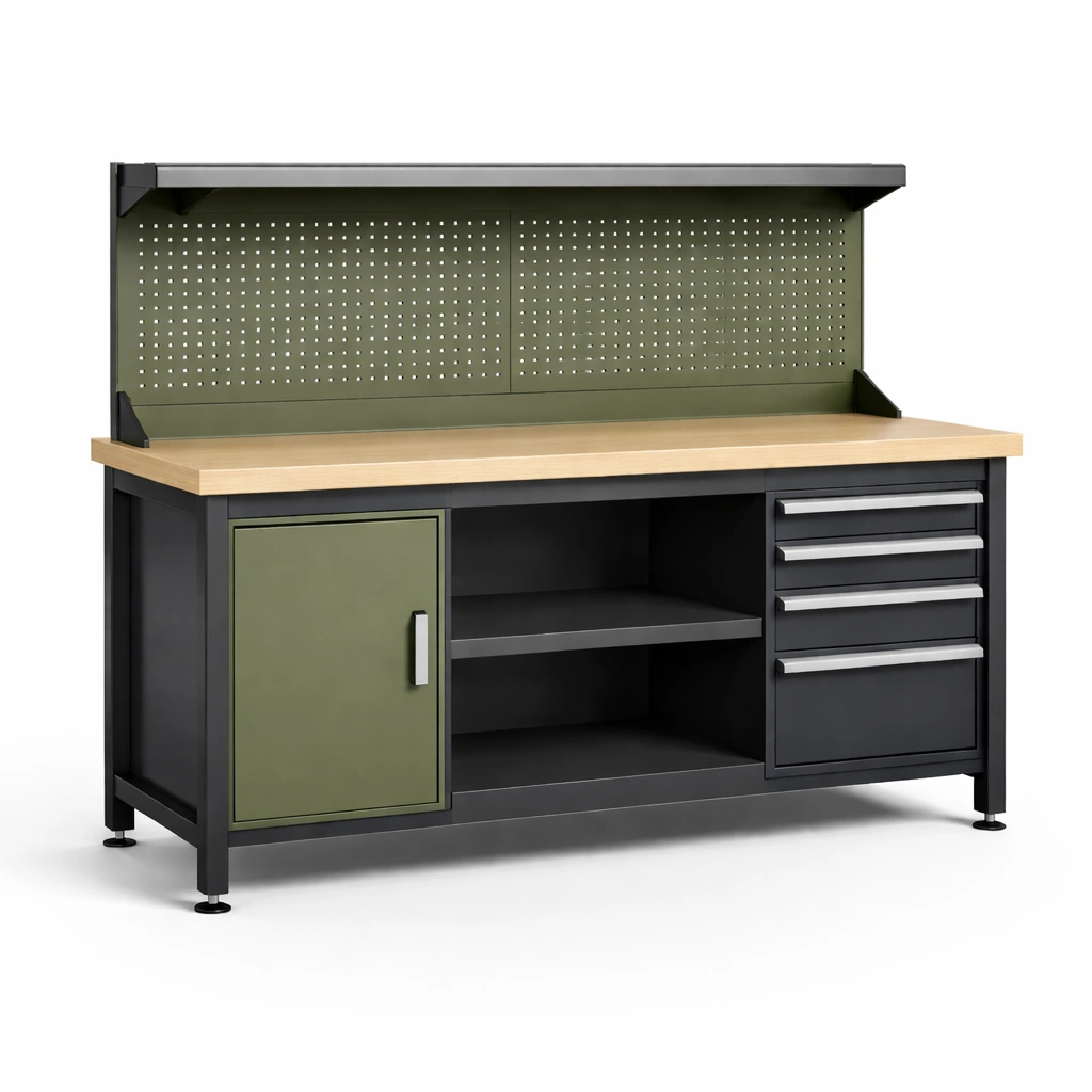 Werkbank mit schubladen und schrank holzplatte metallrahmen olivgrün schwarz 200x60x150 cm-NESTRENO