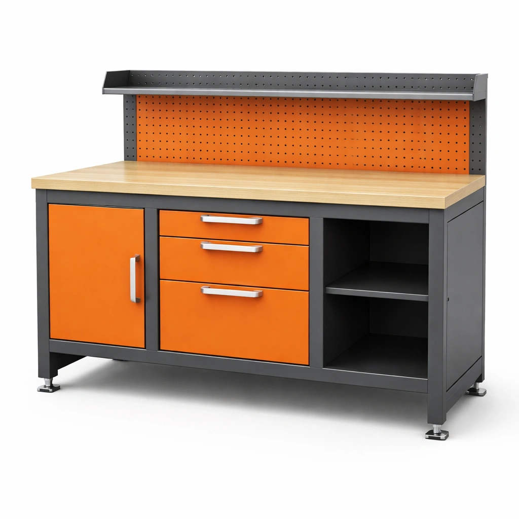 Werkbank metall mit holzoberfläche orange schubladen schrank-NESTRENO