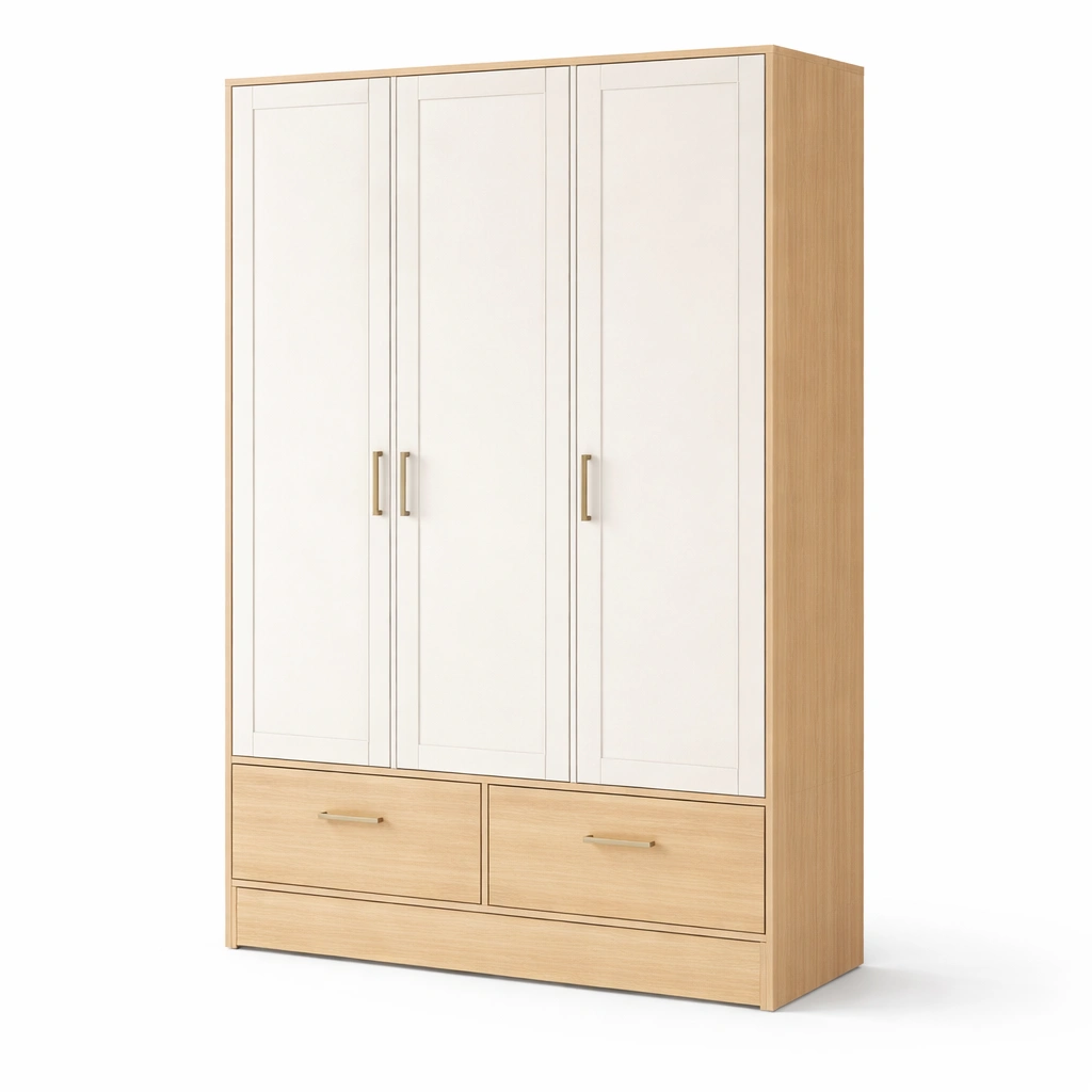 Kleiderschrank Aus Holzfaserplatte Weiß Eiche Mit Drei Türen Zwei Schubladen-LIVIRIO