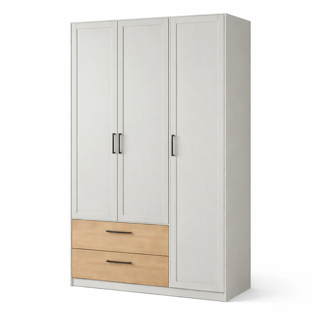Kleiderschrank Aus MDF Und Eichenfurnier Weiß Eiche Mit Drei Türen Zwei Schubladen-LIVIRIO