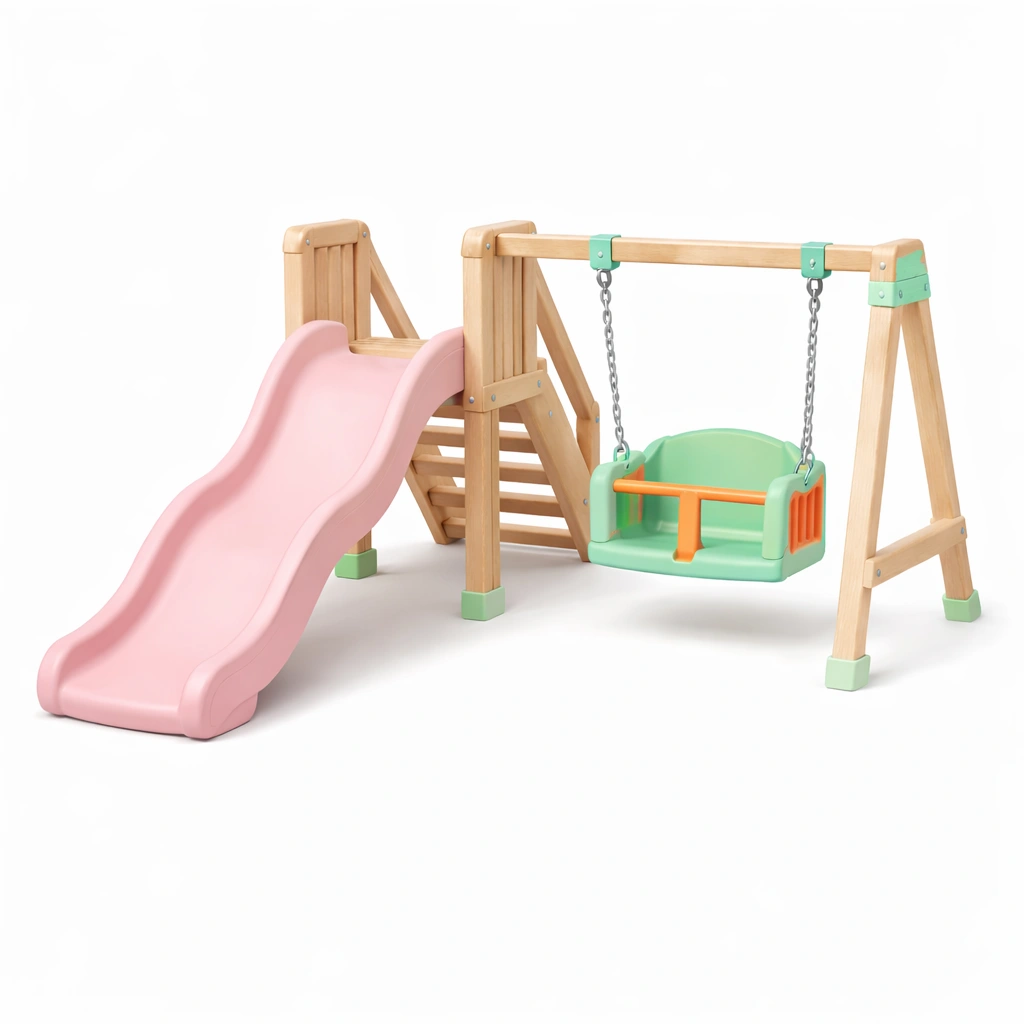 Kinderspielgerät Holz Kunststoff Rutsche Schaukel 160x130x120 cm-LIVIRIO