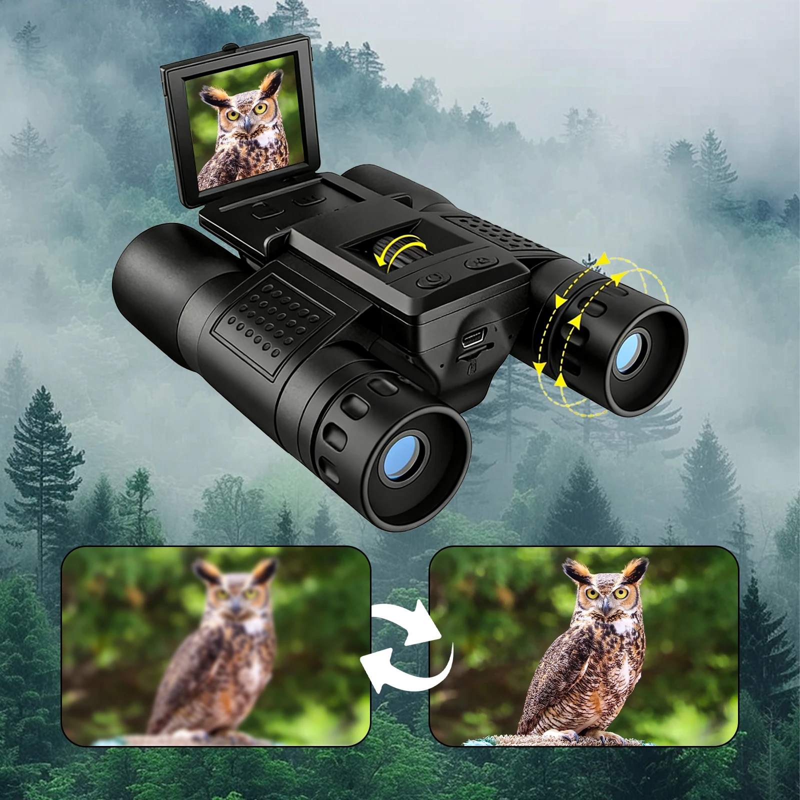 Black digital binoculars with flip-up LCD screen displaying an owl, featuring focus adjustment and zoom controls, with before