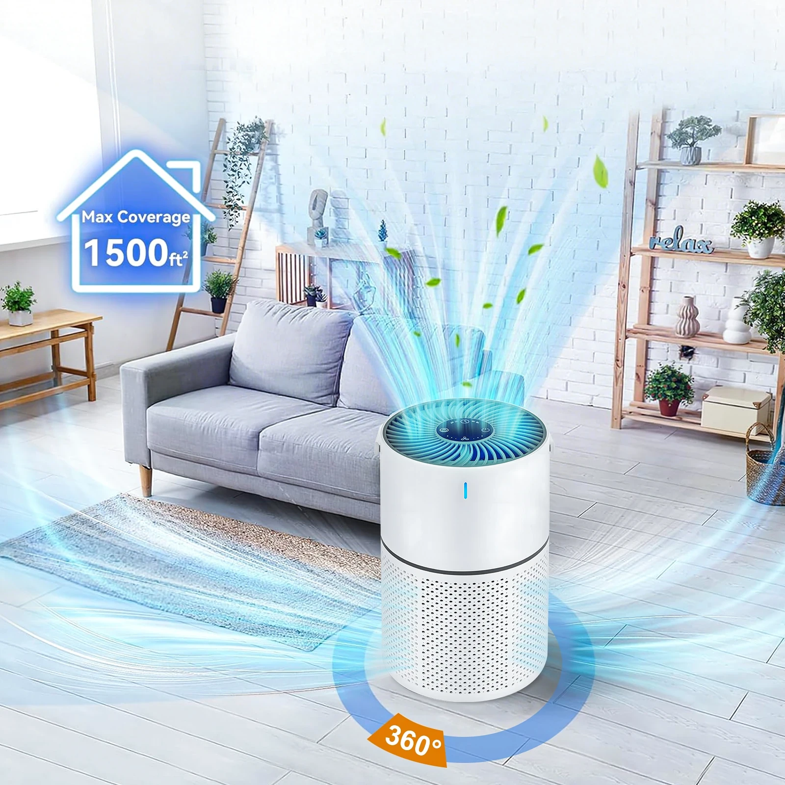 White cylindrical air purifier with perforated lower half and blue LED top display, shown in living room with 360-degree airf