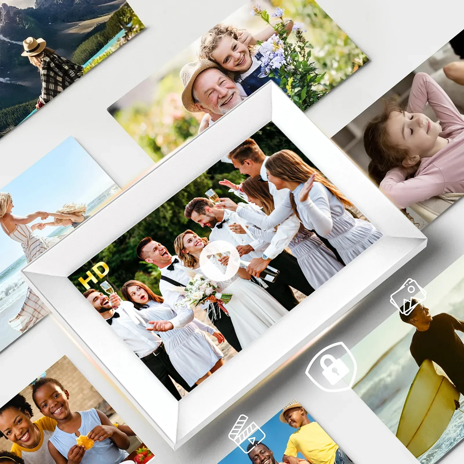 Digital photo frame displaying wedding video with HD label, surrounded by family photos and media icons on white background.