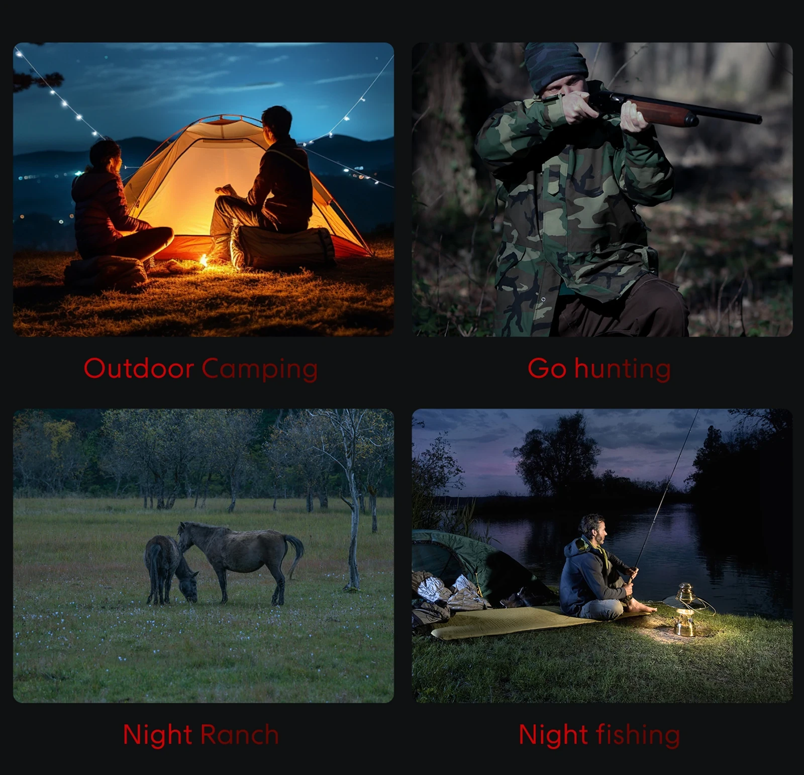 Four-panel image showing outdoor headlamp uses: night camping, hunting, ranch with horses, and lakeside fishing.