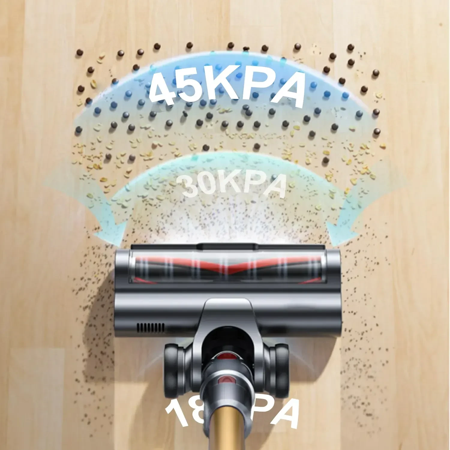 Vacuum cleaner head with suction power indicators showing 45KPA, 30KPA, and 18KPA levels cleaning debris on light wood floor.