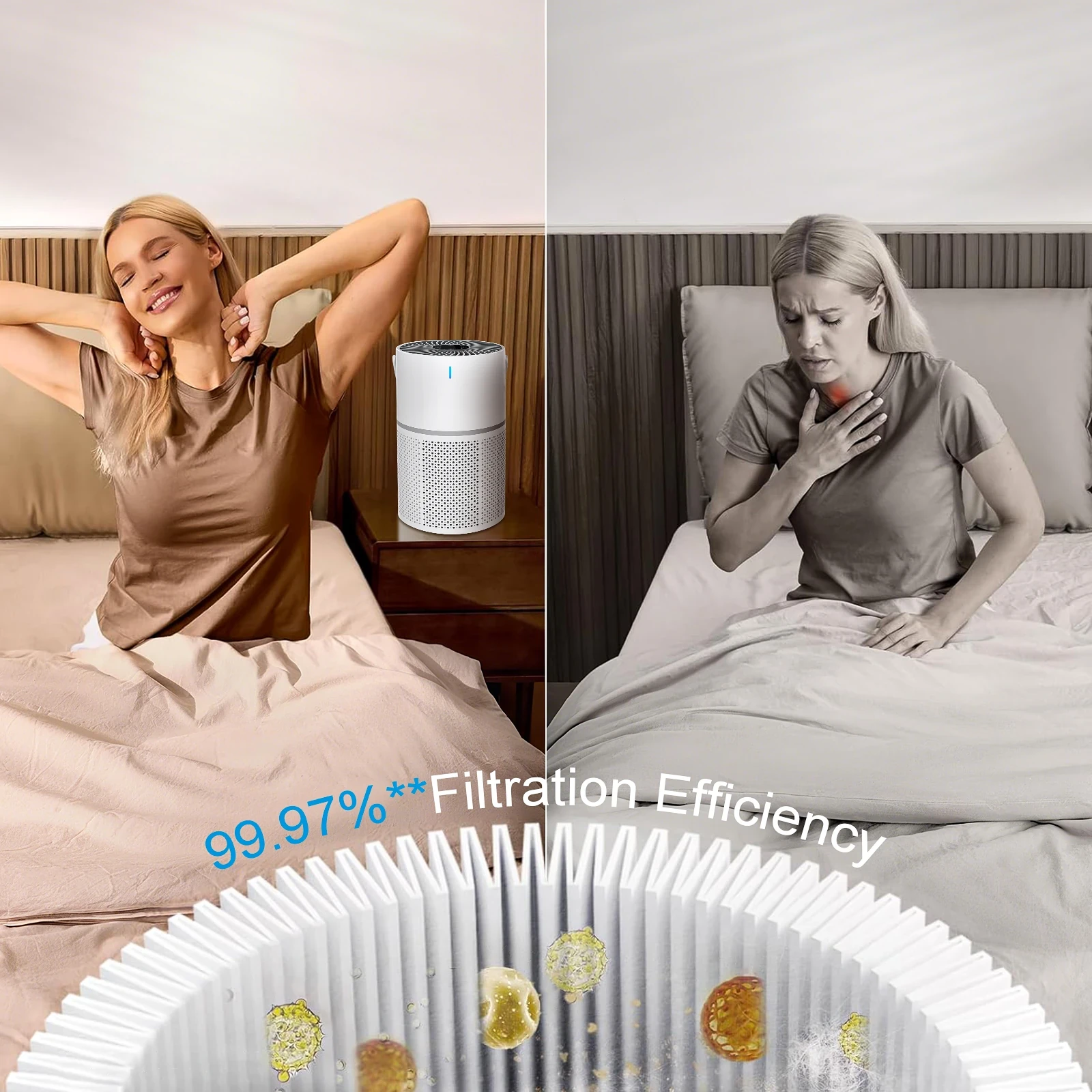 Split-screen showing white cylindrical air purifier on nightstand with person waking up refreshed versus person with sore thr