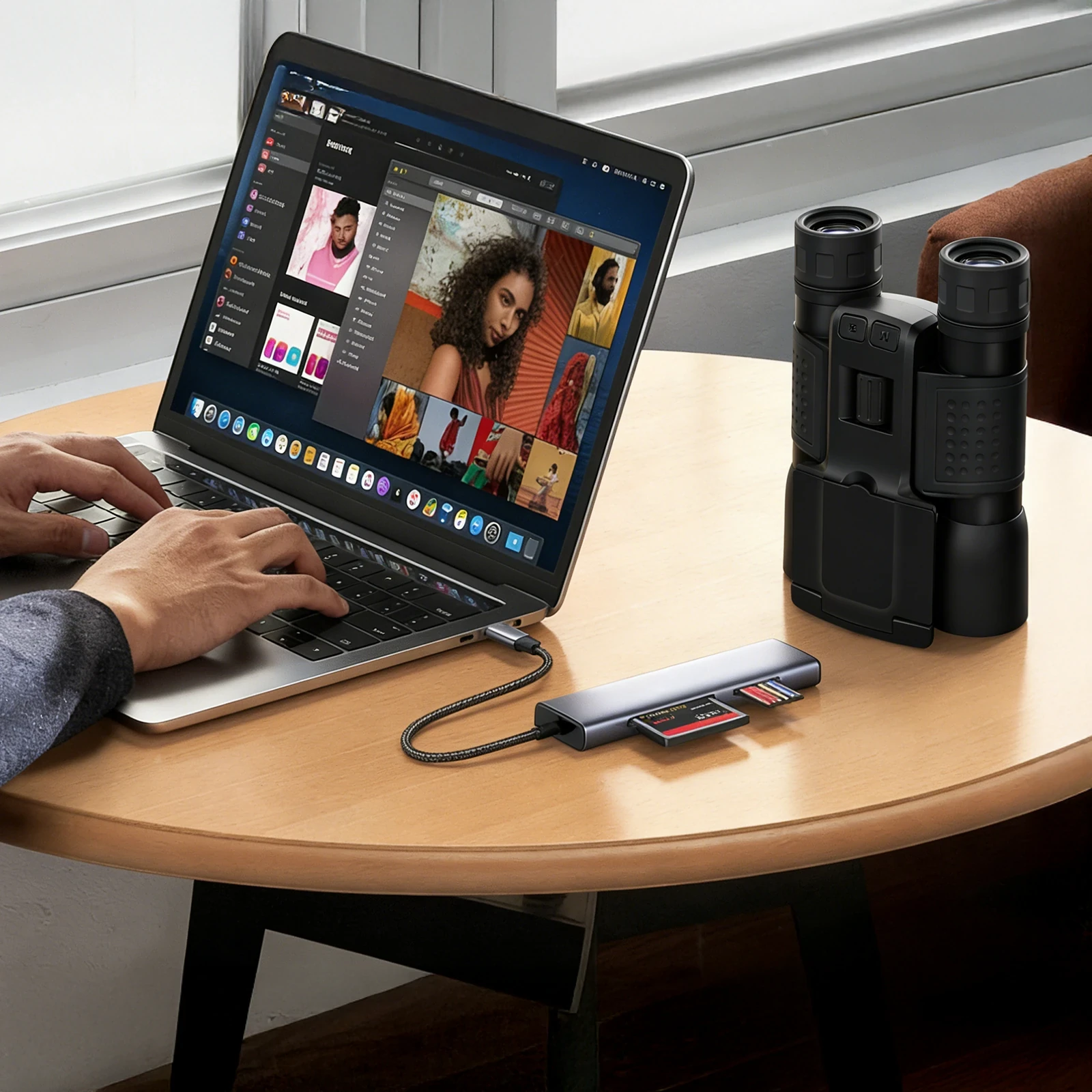 Gray USB-C hub with SD and microSD card slots connected to a laptop on a wooden table next to black binoculars.