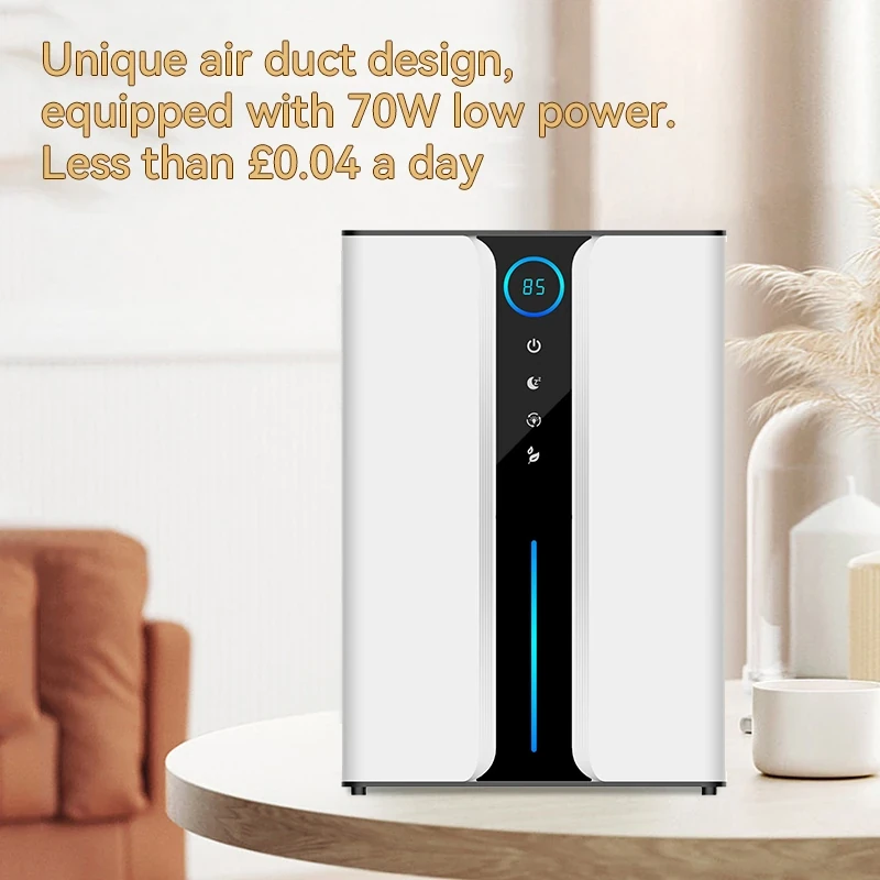 Aerivax dehumidifier UK with unique air duct design and 70W low power consumption costing less than £0.04 a day