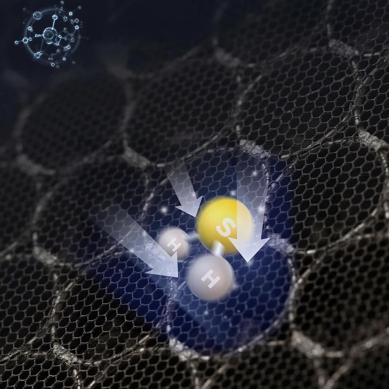 Close-up of black honeycomb-patterned filtration mesh with H2S molecule graphic and arrows showing filtration process.