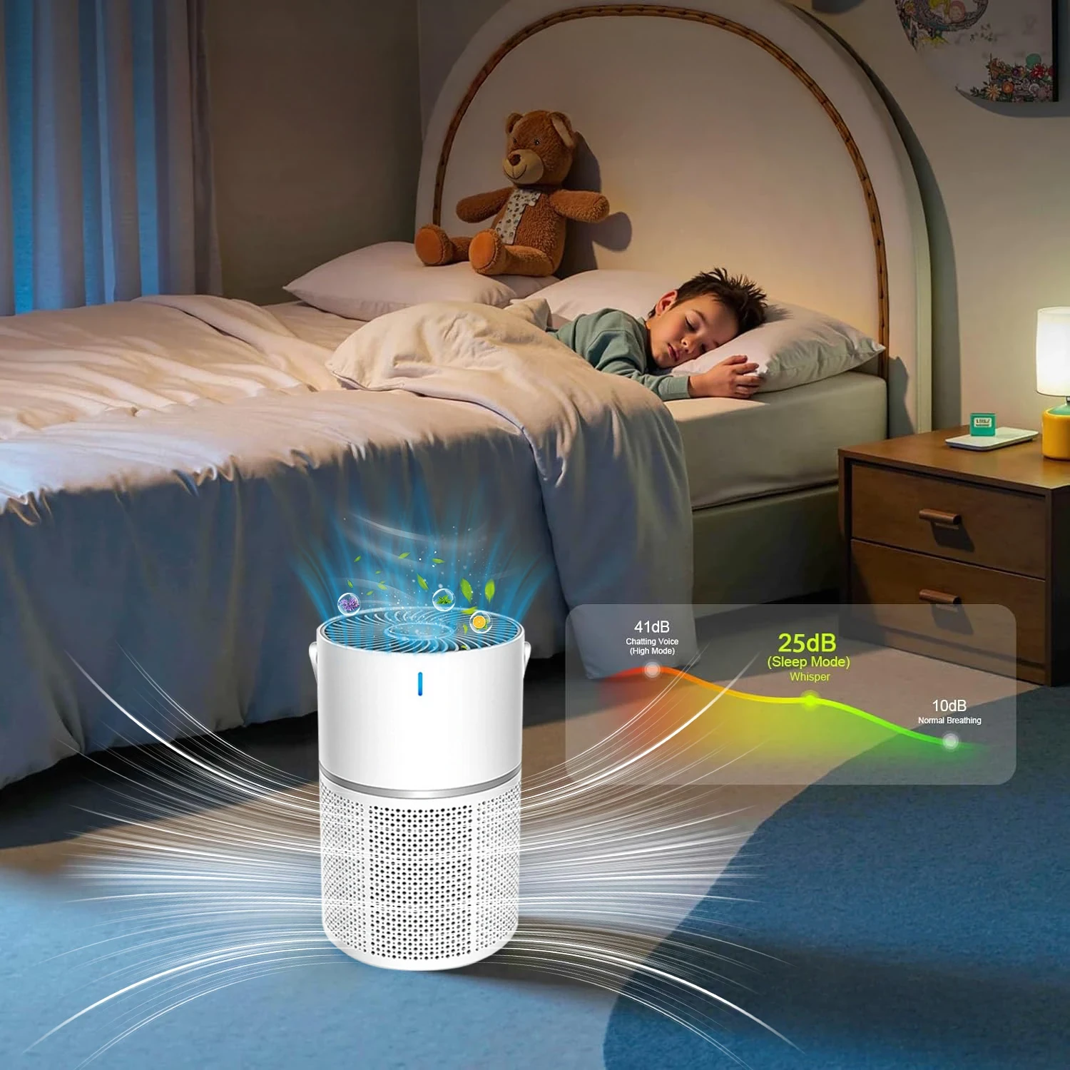 White cylindrical HEPA air purifier with perforated base and blue indicator light operating in a child's bedroom at night, di