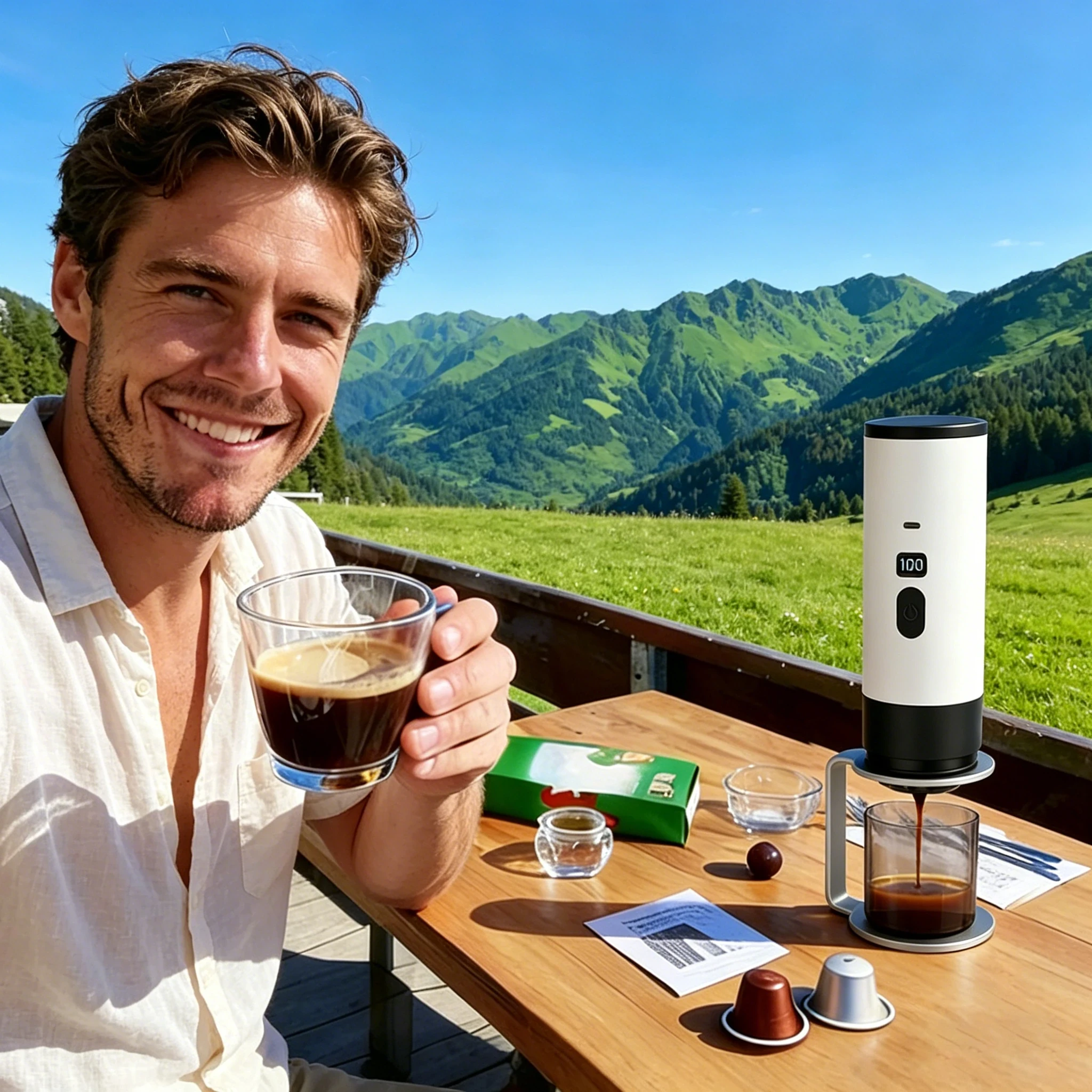White portable espresso maker brewing coffee into a glass cup on a wooden table with green mountains in the background.