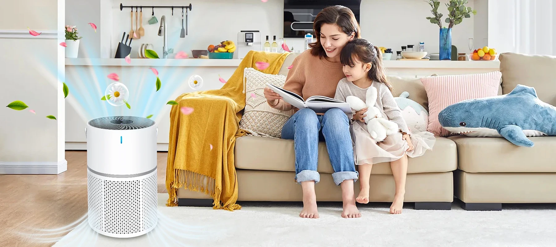 White cylindrical HEPA air purifier with perforated intake vents and top exhaust grille in a living room setting.