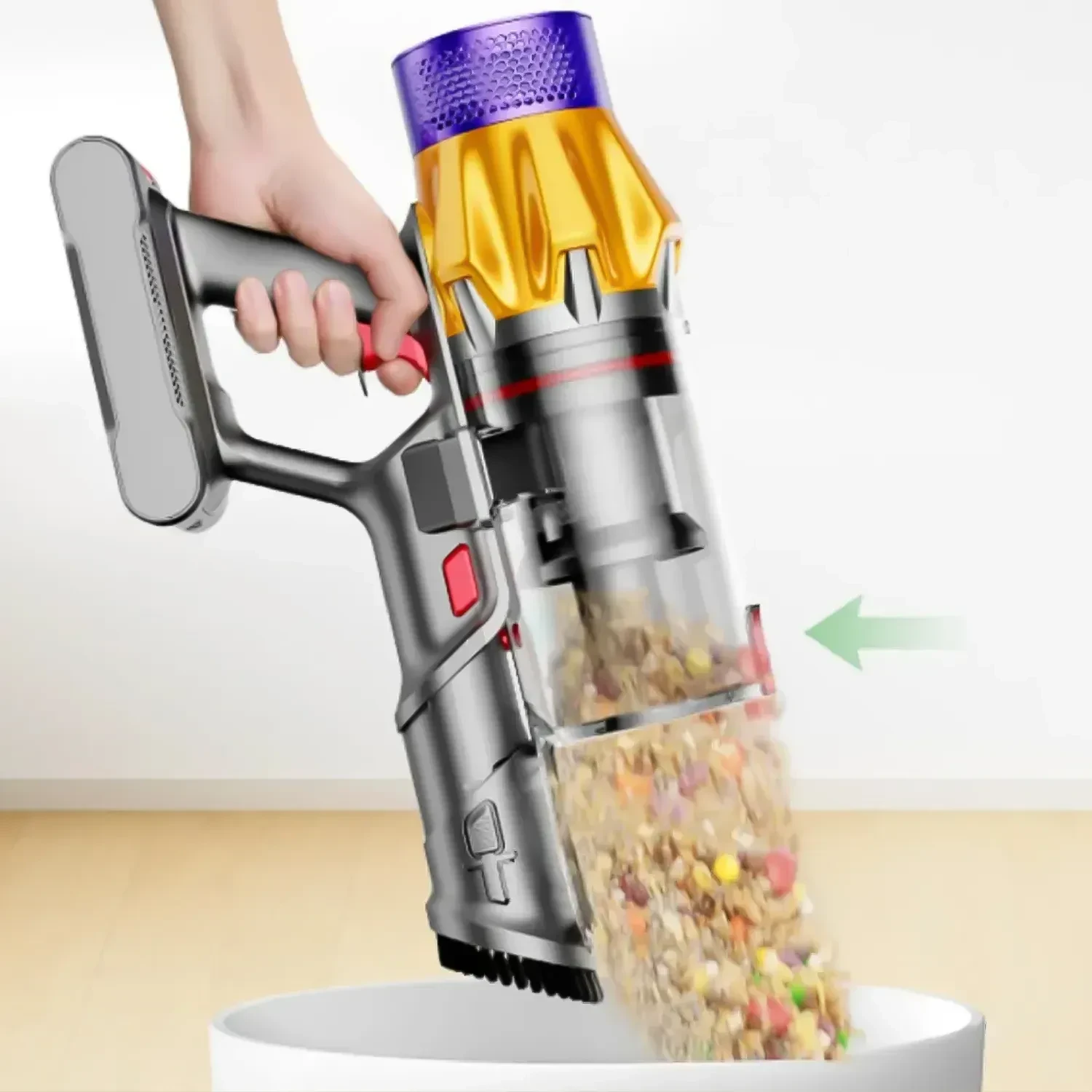 Handheld cordless stick vacuum with yellow and purple cyclone top, gray body, and transparent dustbin emptying debris into a