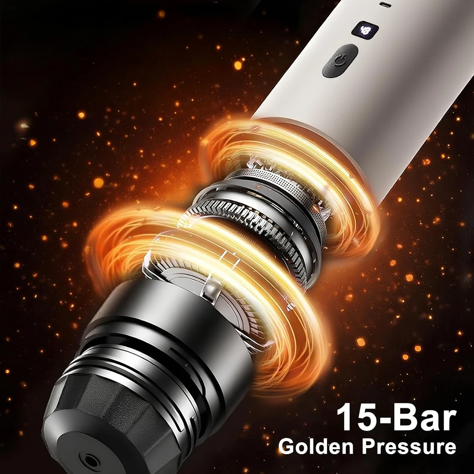 White espresso machine portafilter with 15-bar pressure indicator and orange glow effects.