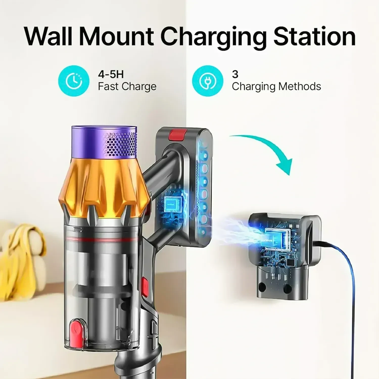Wall mount charging station for cordless stick vacuum with gold and purple body, showing 4-5 hour fast charge and 3 charging