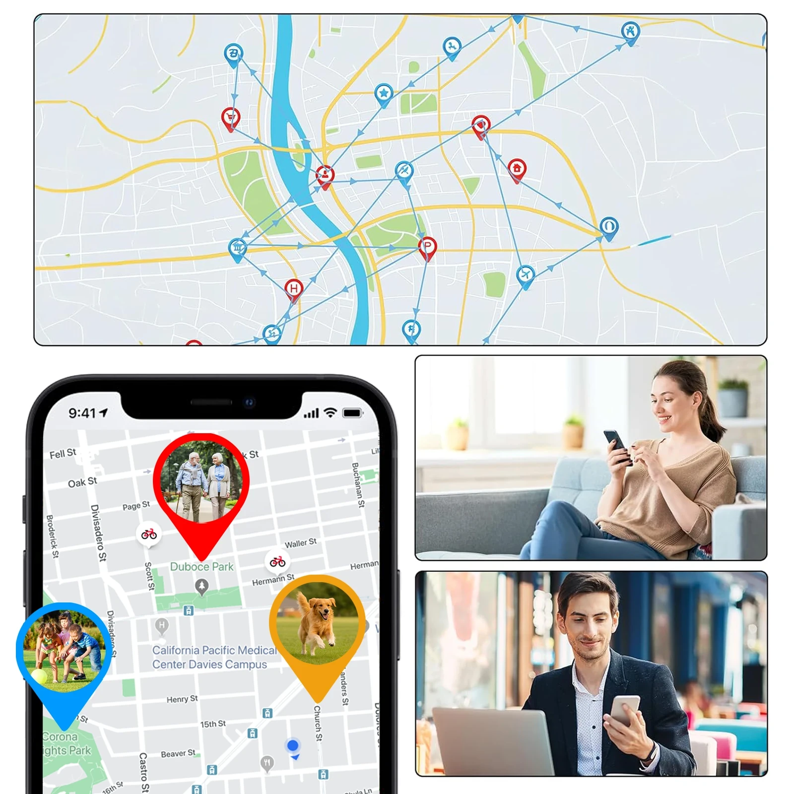 GPS tracker app displaying location pins for people, pets, and places on smartphone map interfaces.