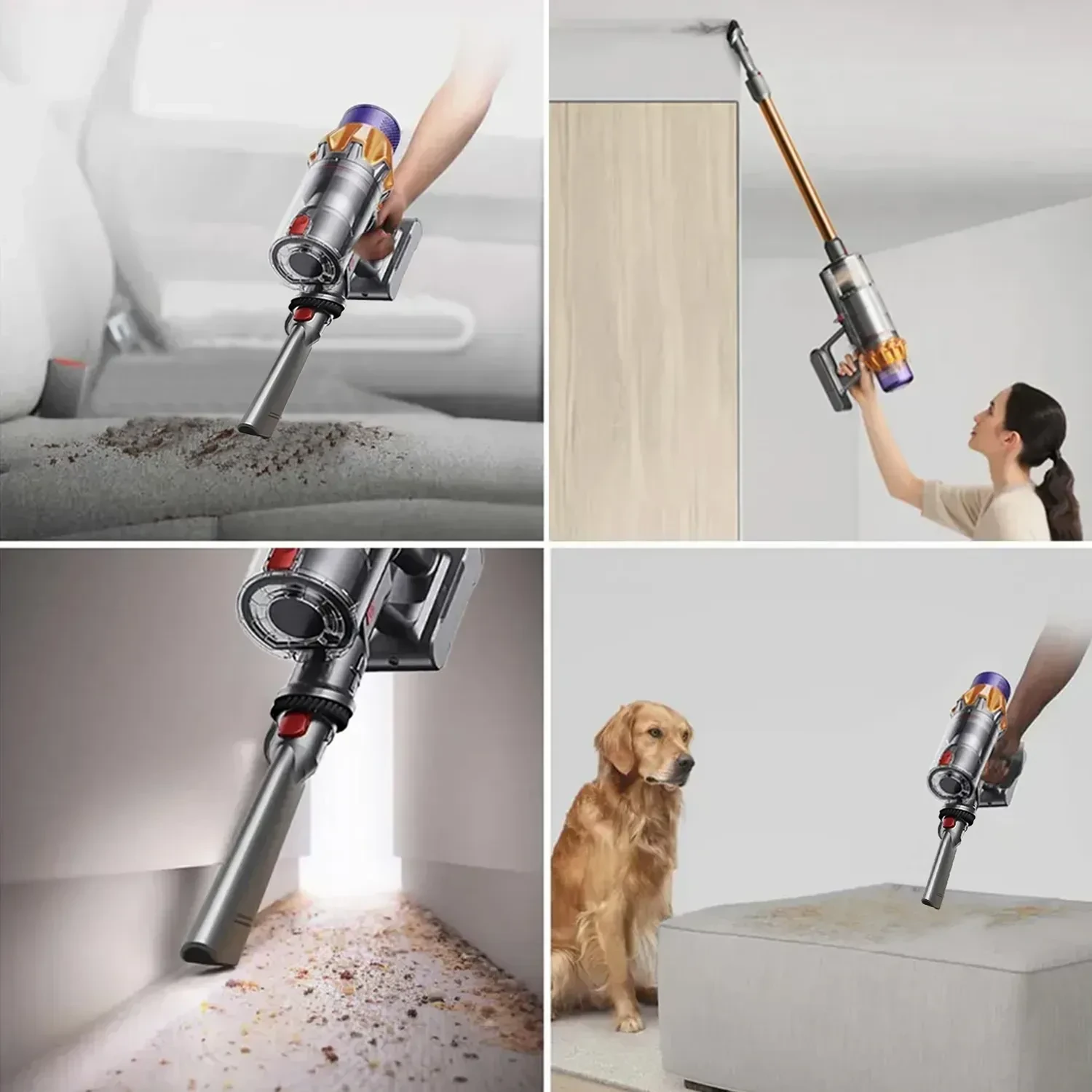 Cordless stick vacuum with purple and gold accents cleaning upholstery, ceiling corners, narrow gaps, and pet hair.
