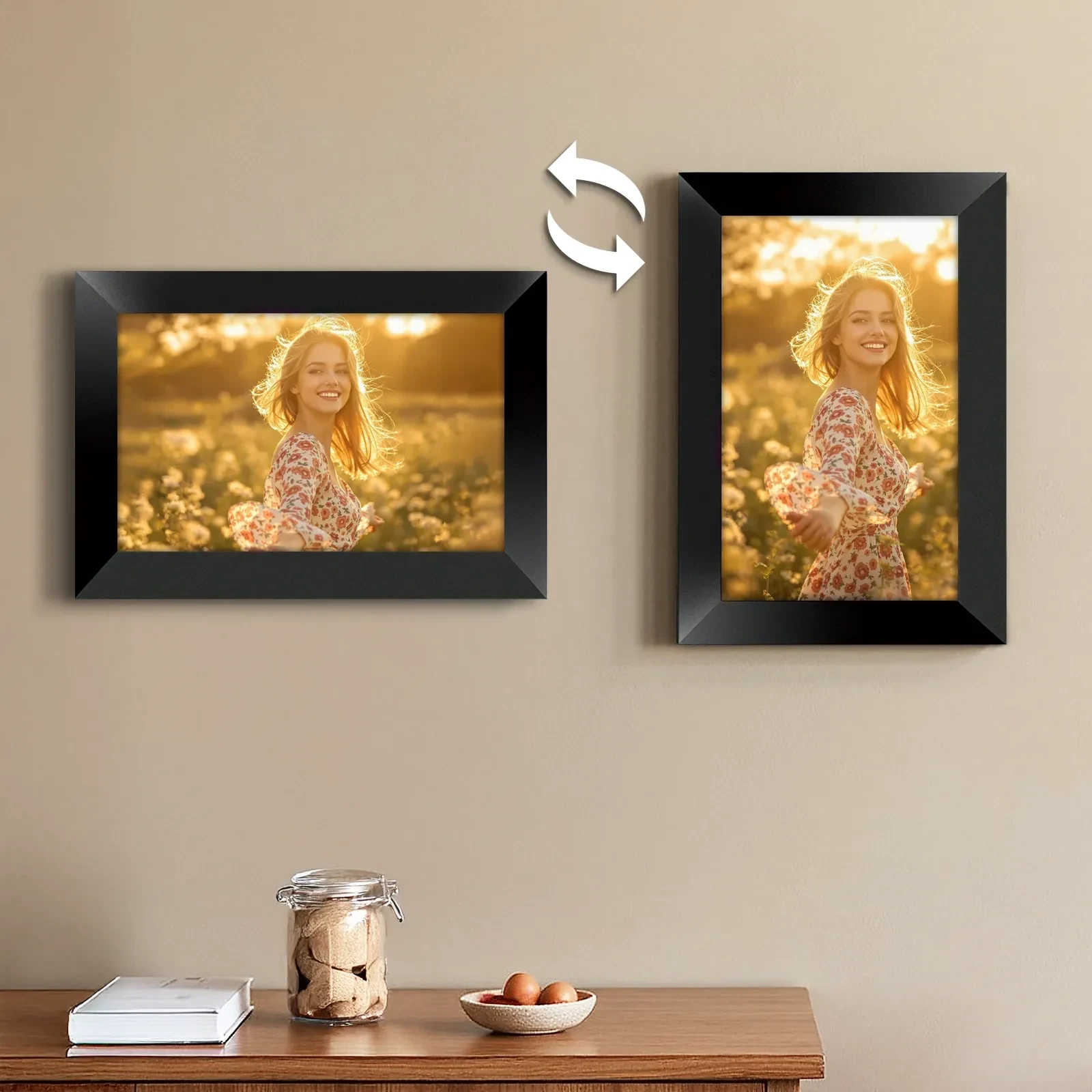 Black wood picture frame with photo of woman in floral dress, shown in horizontal and vertical orientations with swap arrows.