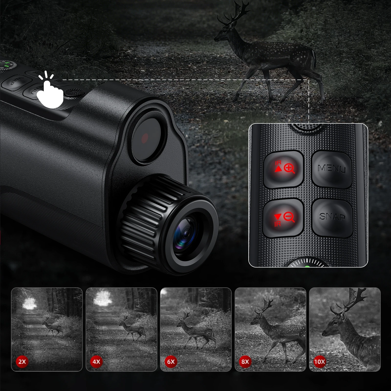 Black handheld infrared night vision monocular with zoom lens, backlit control buttons, and night deer viewing display.