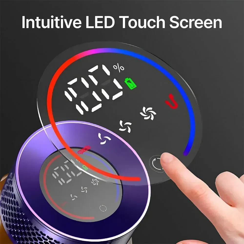 Close-up of a purple cylindrical device with a circular LED touch screen displaying 100% battery, fan speed icons, and a fing