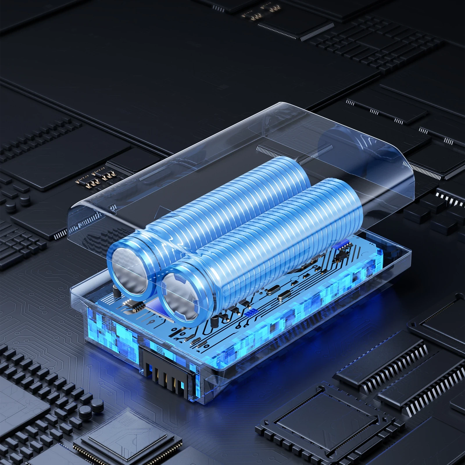Two glowing blue cylindrical batteries inside a transparent case on a circuit board with black microchips.