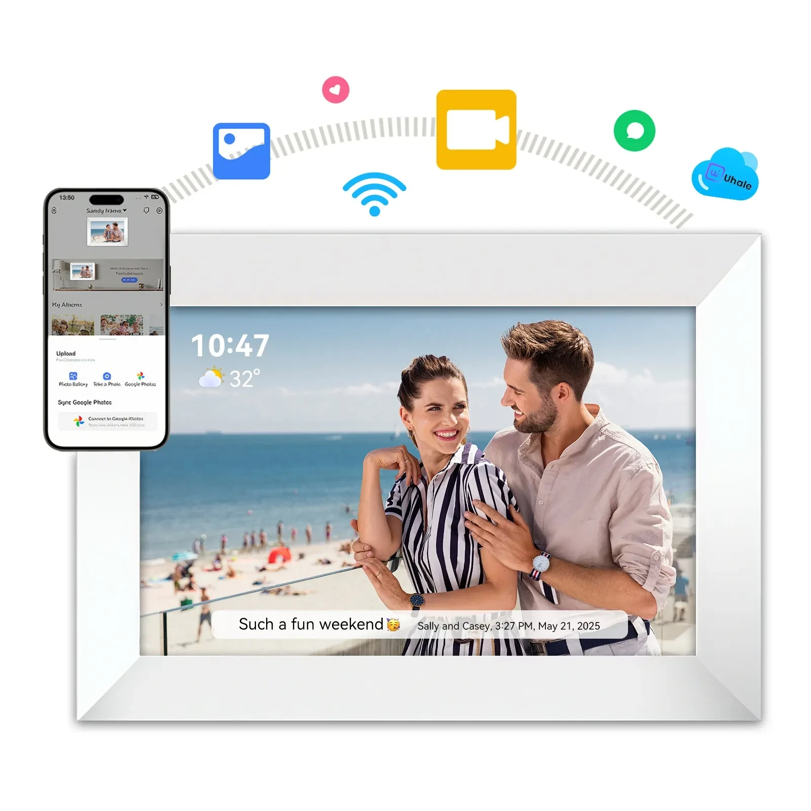 White Uhale digital photo frame displaying a beach photo with time, weather, and caption overlay, connected via WiFi to smart