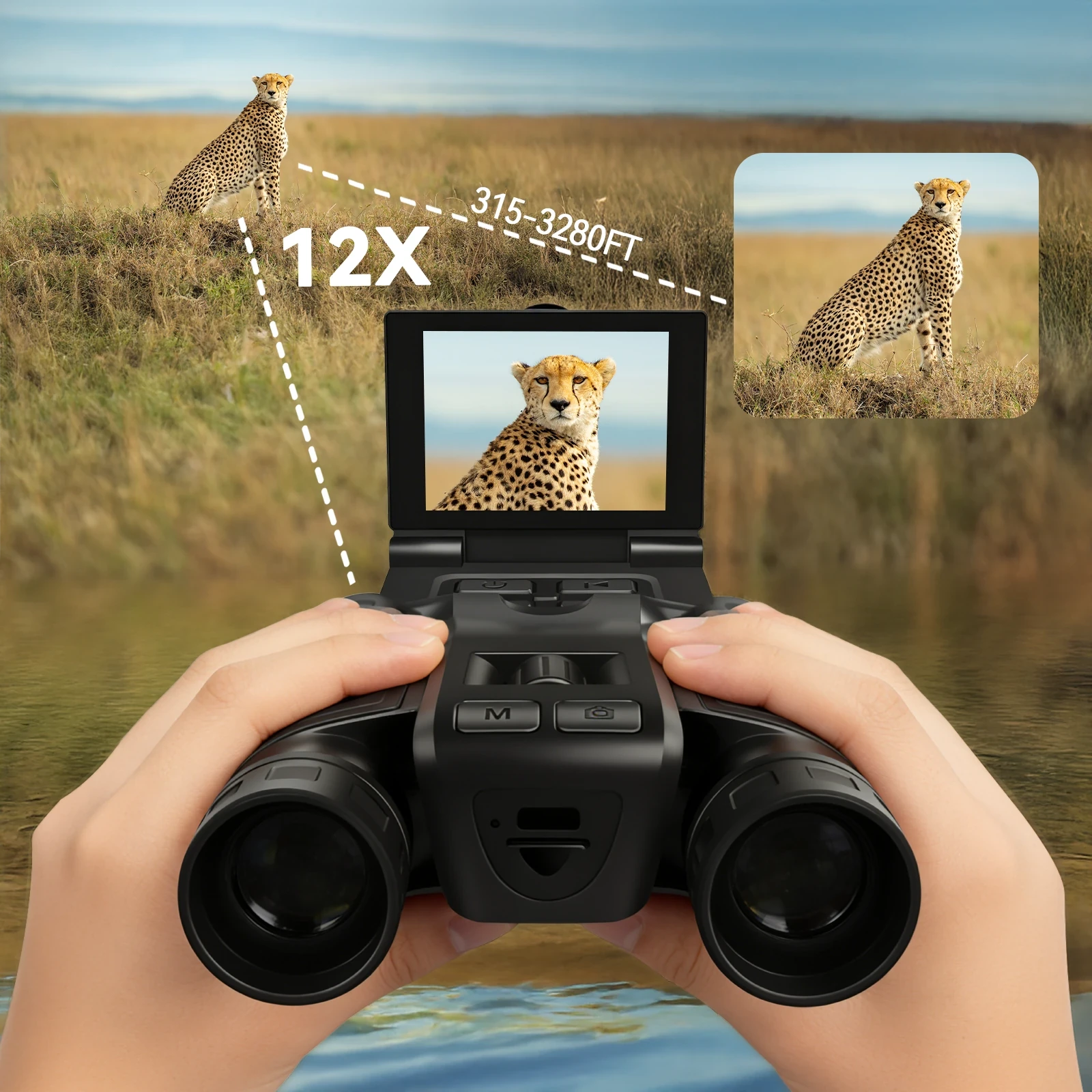 Black digital camera binoculars with flip-up LCD screen displaying a zoomed-in cheetah, held in hands against a savanna backd