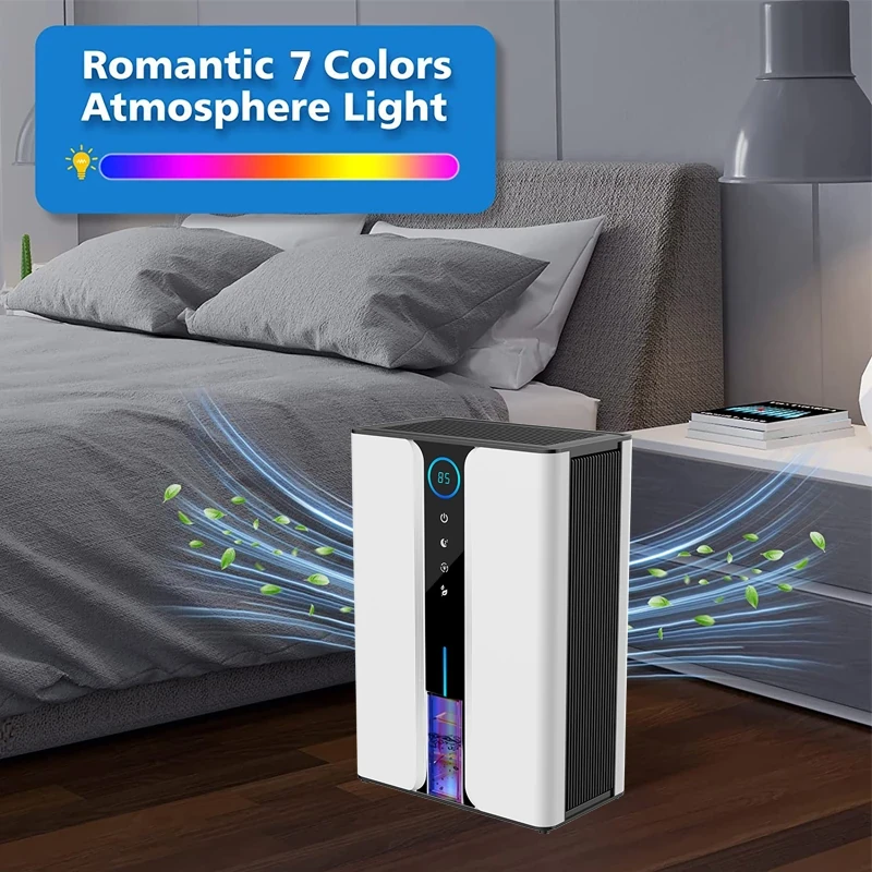 Aerivax dehumidifier with romantic 7 colors atmosphere light feature displayed in bedroom setting