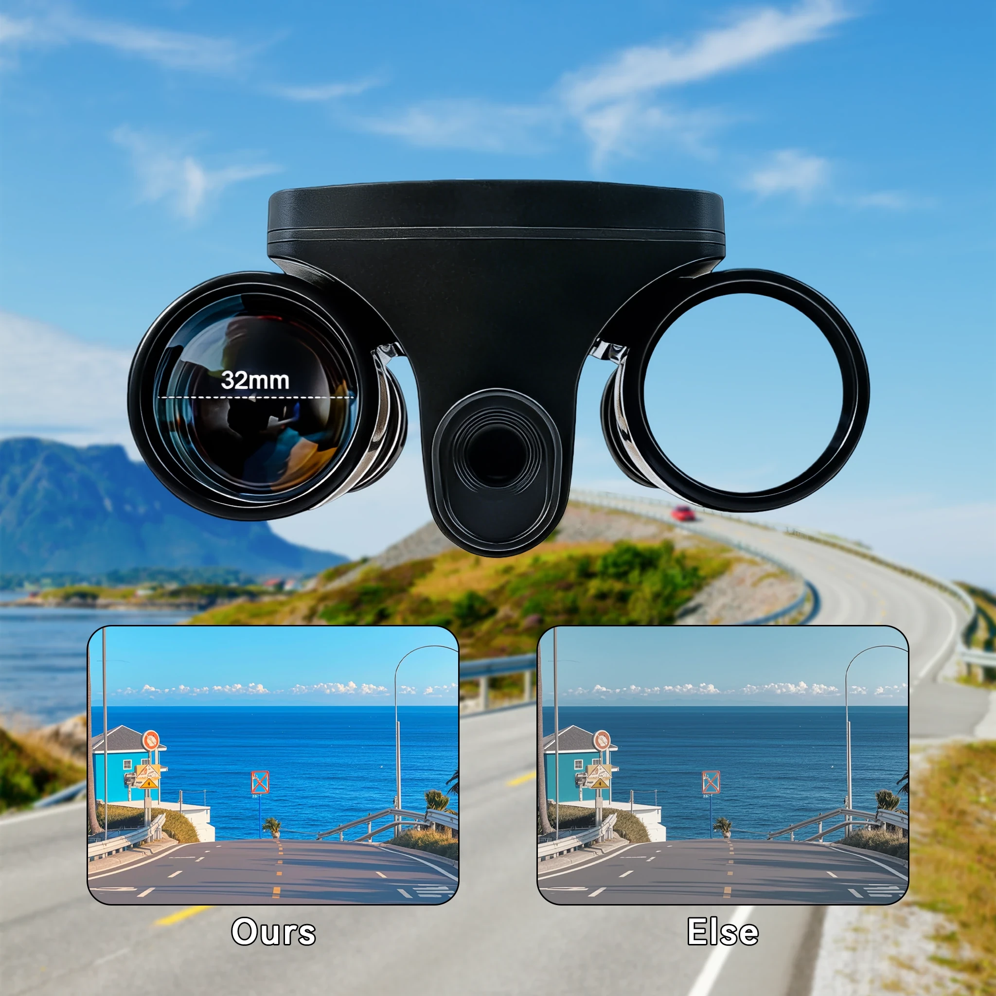 Black dual-lens dash cam with 32mm lens, side-by-side comparison showing vibrant versus washed-out road footage.
