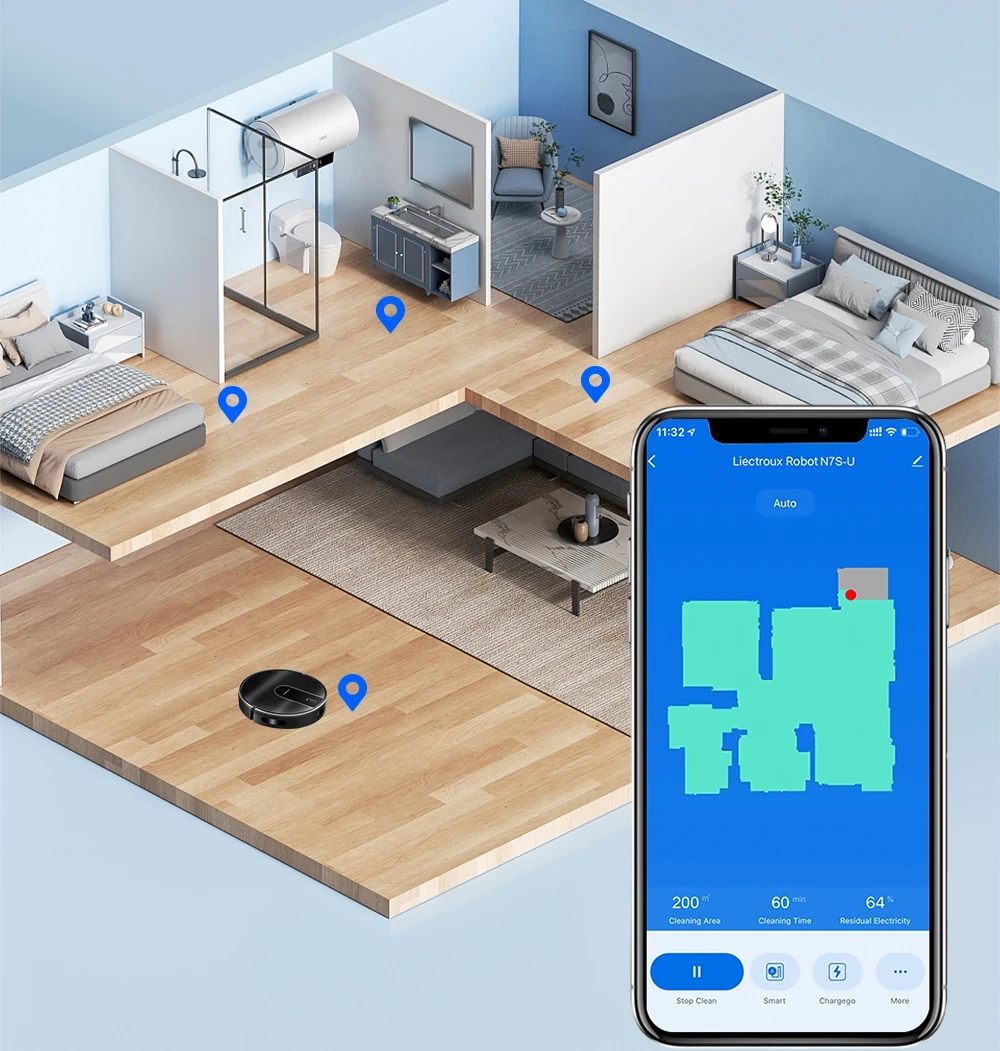 Liectroux Robot N7S-U robot vacuum cleaning a multi-room apartment floor plan with smartphone app displaying real-time mappin