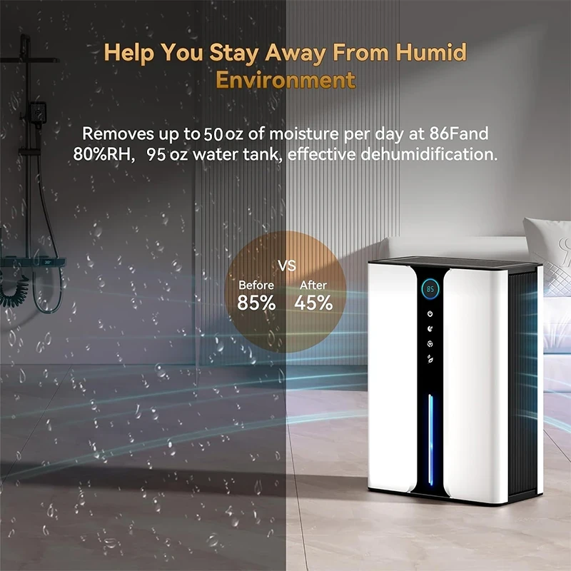 Aerivax dehumidifier removes up to 50oz of moisture per day at 86F and 80%RH, 95 oz water tank, effective dehumidification - Before 85% VS After 45% humidity