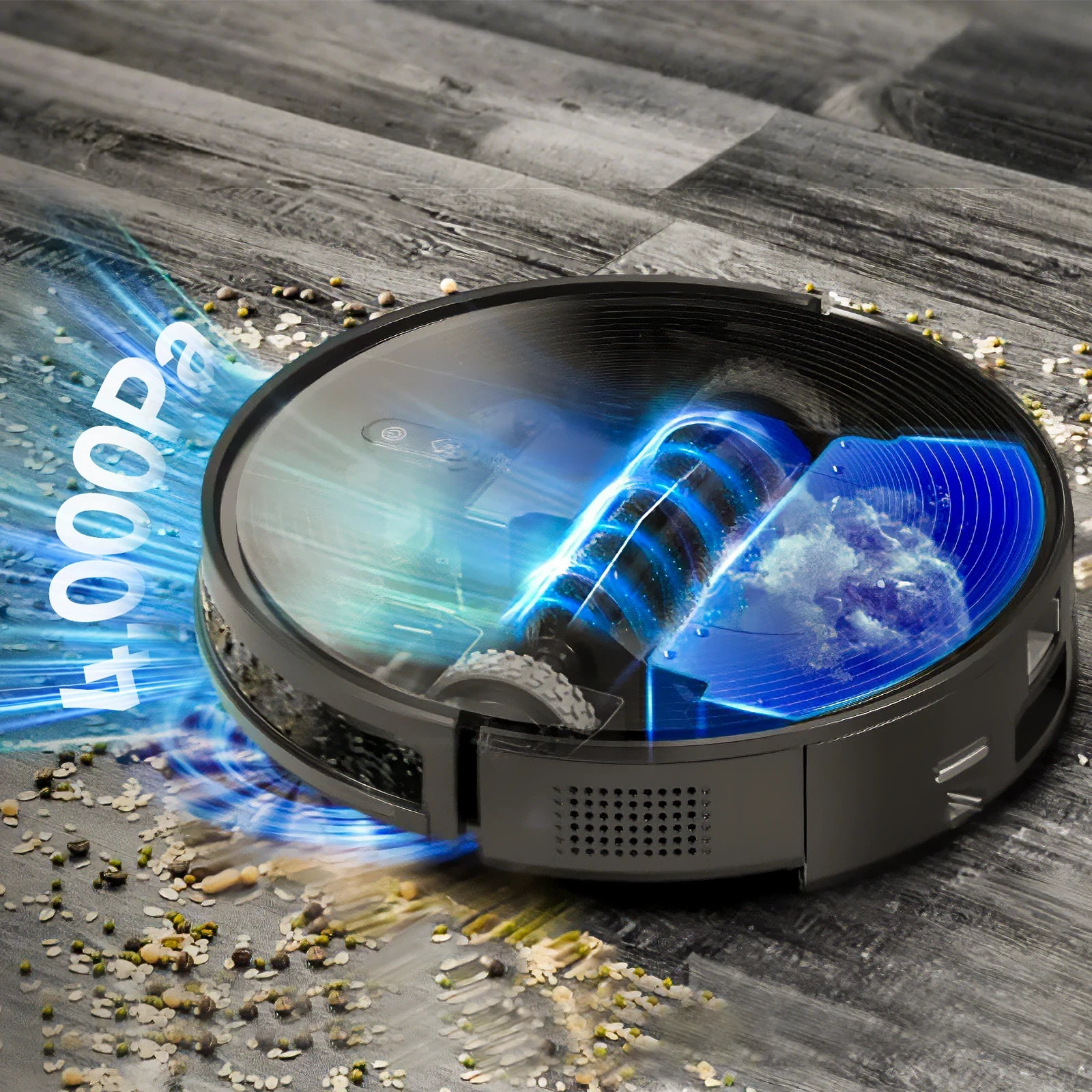 Robot vacuum cleaner with transparent top showing internal suction mechanism and 4000Pa airflow, cleaning scattered debris on