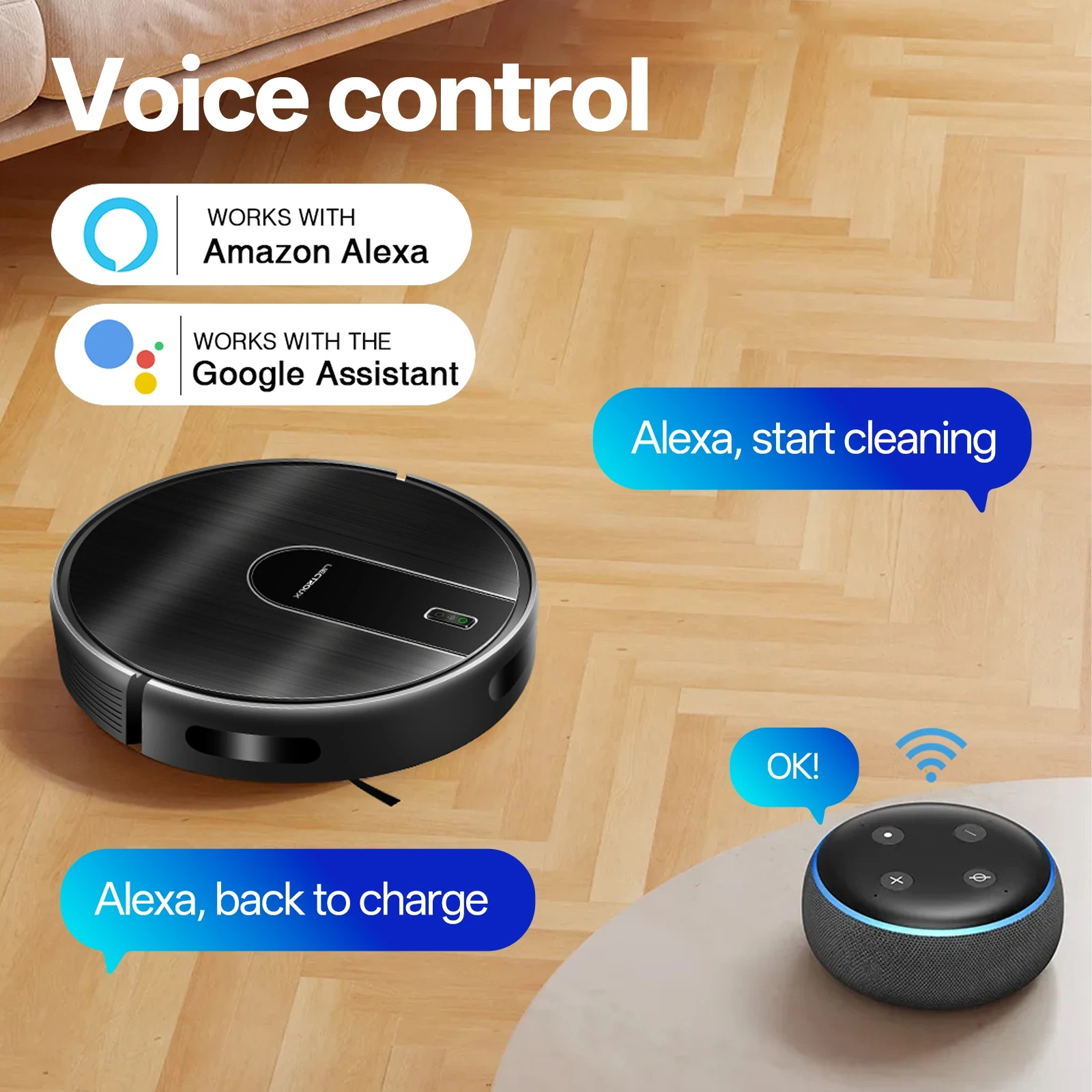 Black robot vacuum on hardwood floor with Amazon Alexa voice control integration, showing Alexa and Google Assistant compatib
