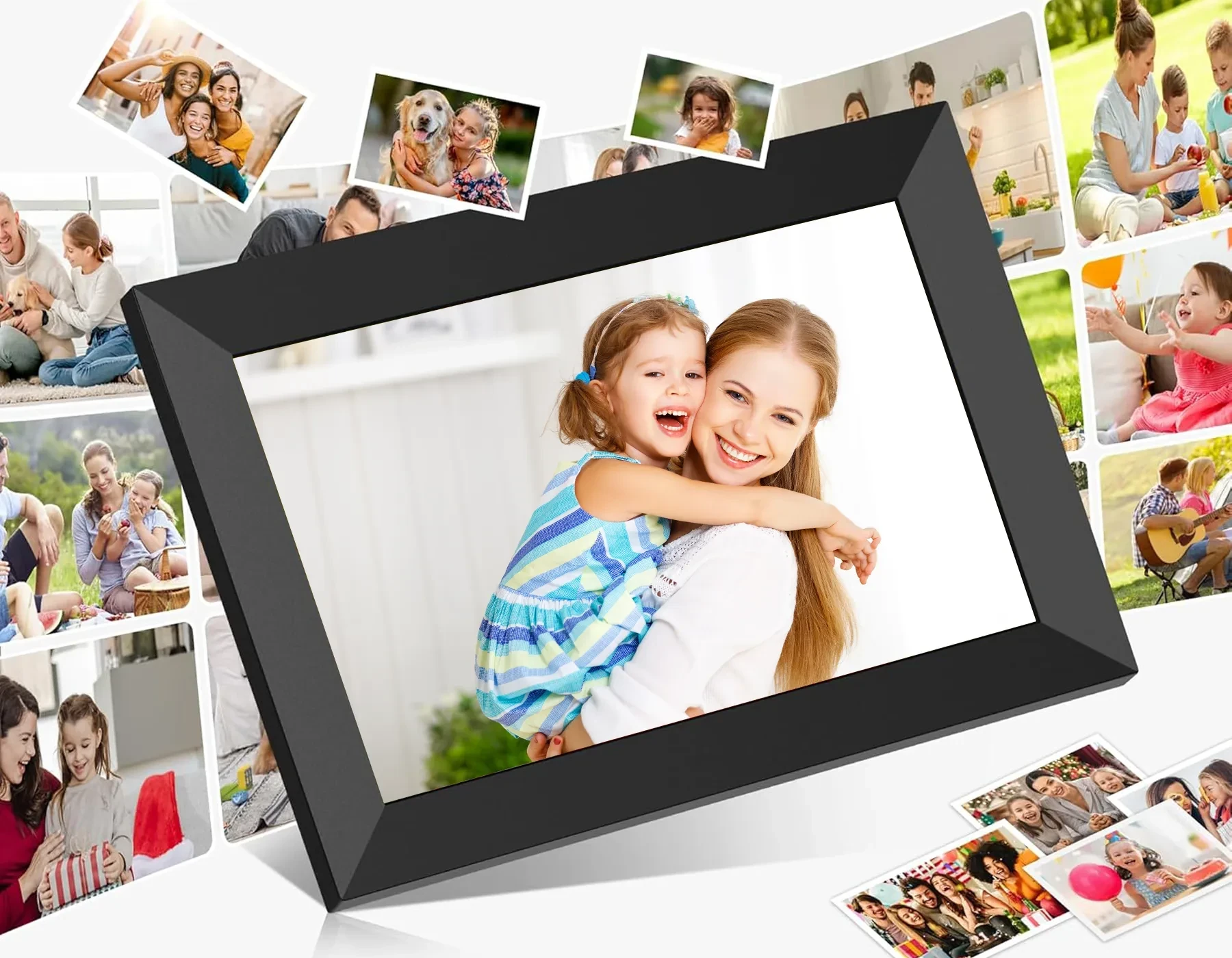 Black digital photo frame displaying a mother and child, surrounded by scattered family photos on white background.