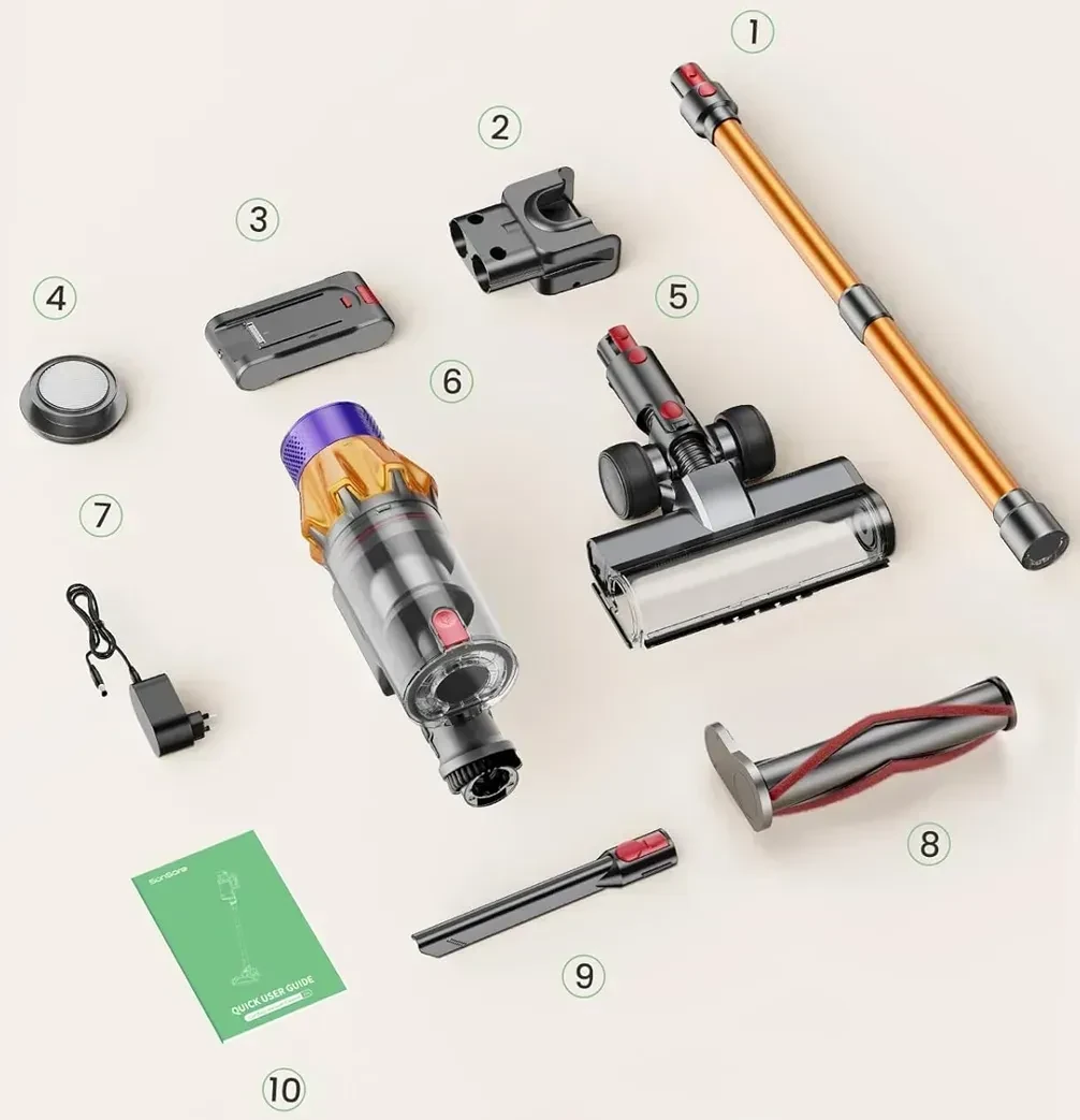 Cordless vacuum cleaner parts laid out flat, including main unit, extension wand, battery, brush head, attachments, charger,