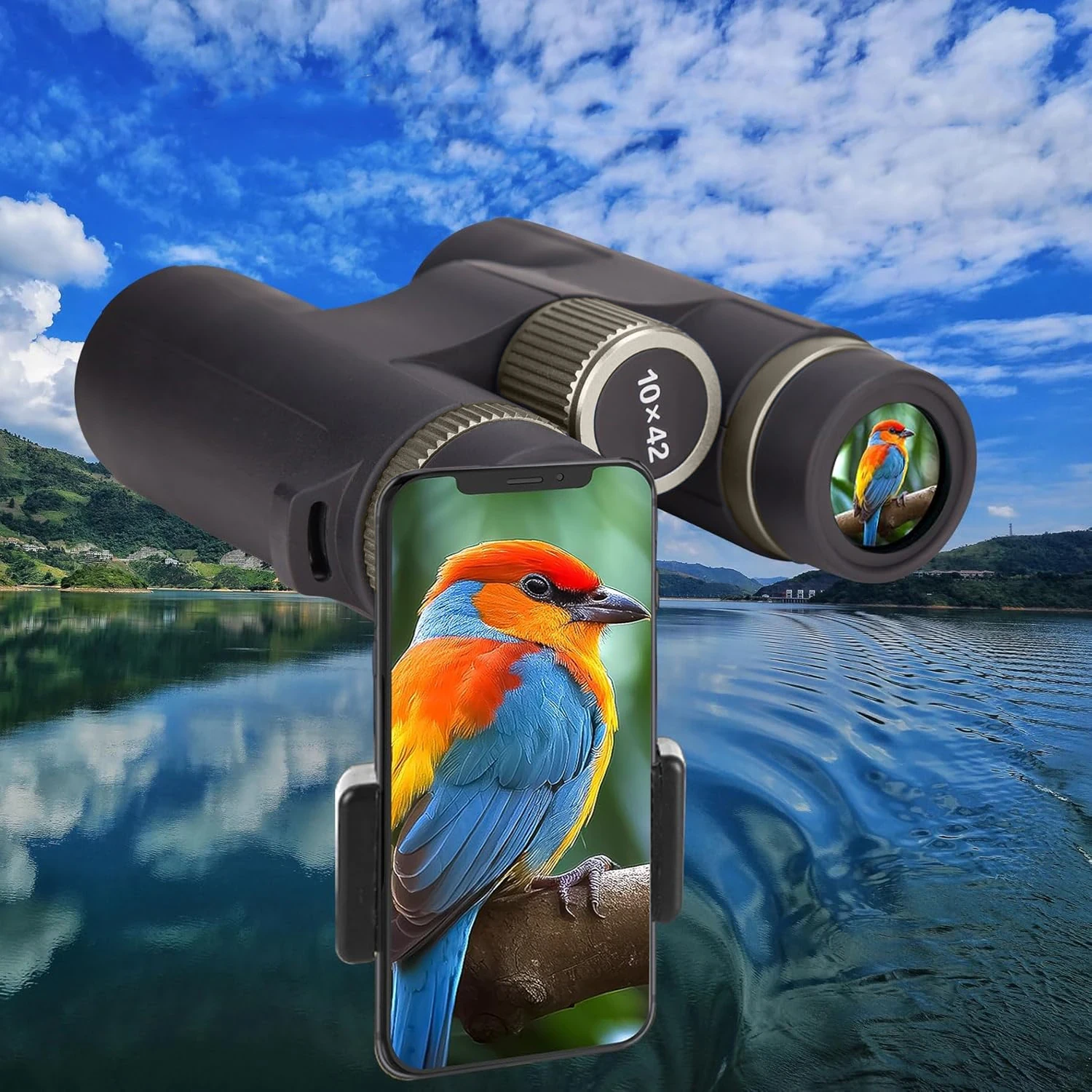 10x42 binoculars with phone adapter showing bird image on smartphone screen, lake and mountain background.