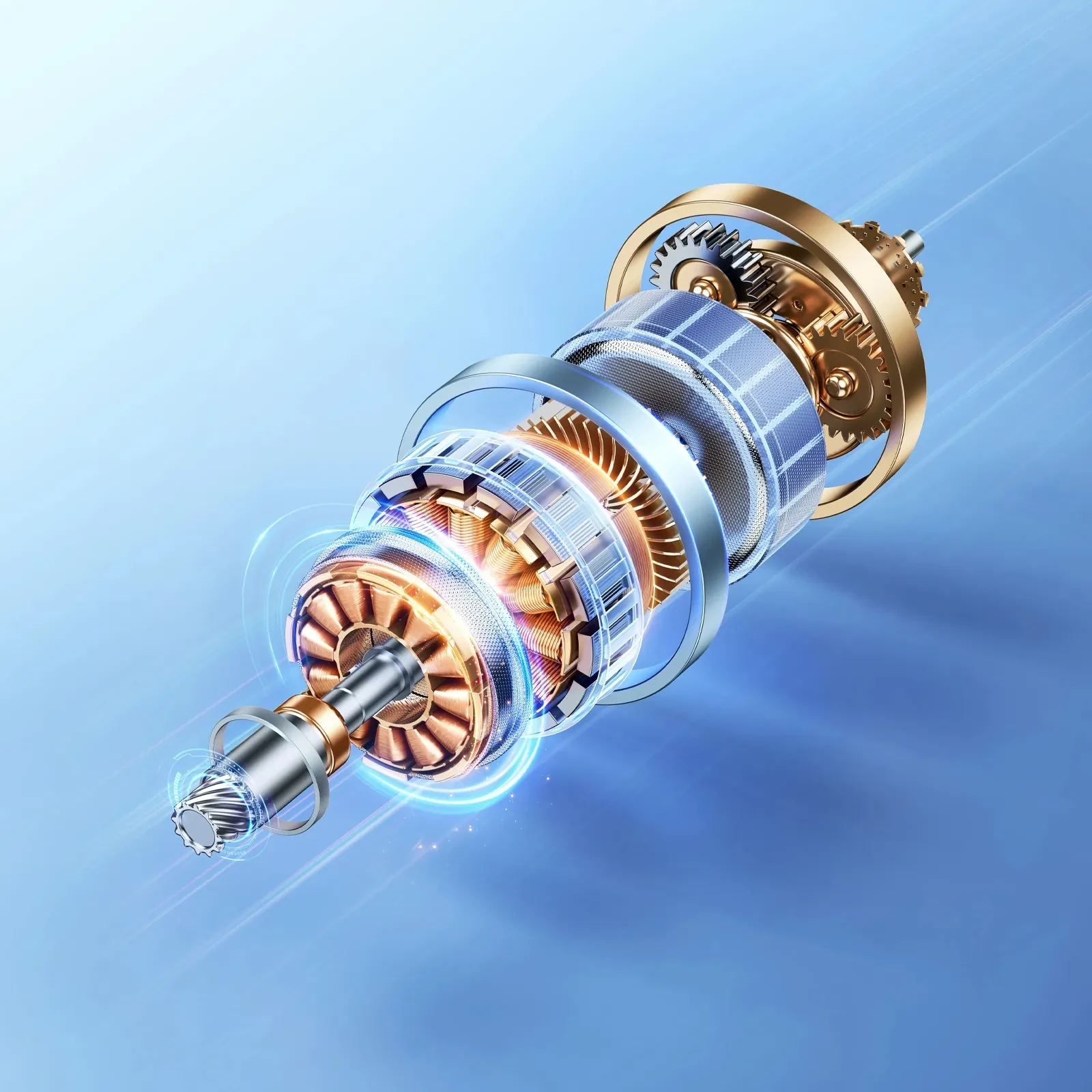 Exploded view of an electric motor showing copper windings, gears, metal shaft, and silver-blue housing against a blue gradie